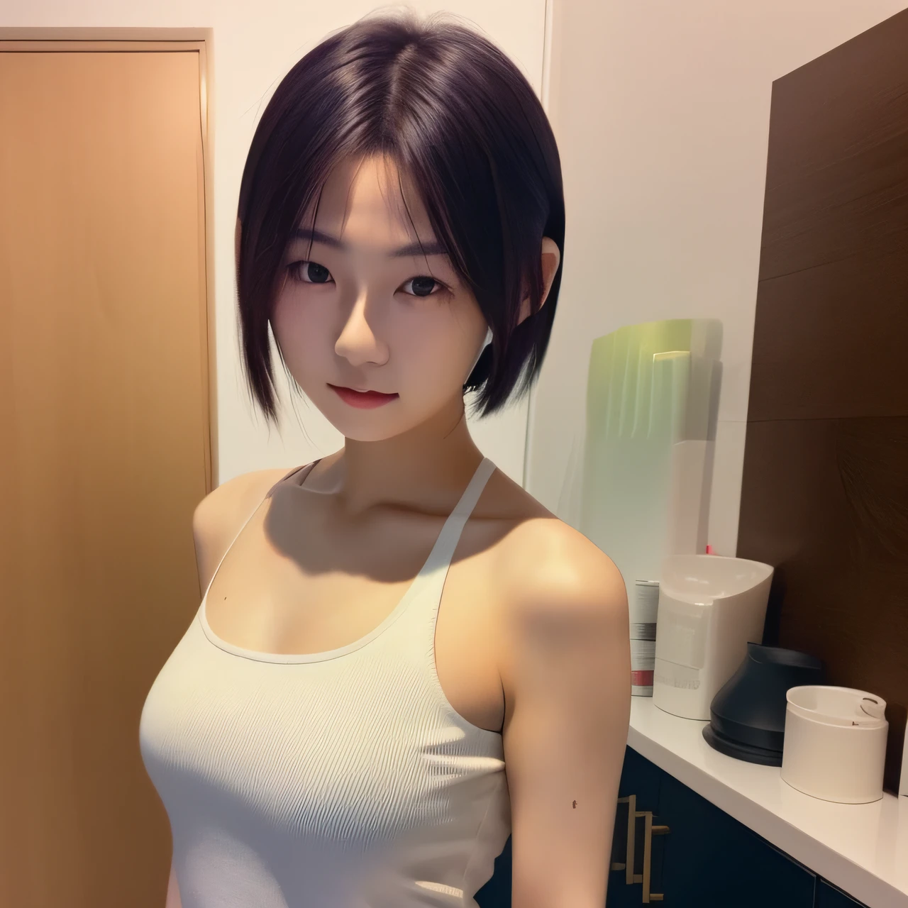 1girl, Chinese girl, 21-years-old, solo, arms behind, 3/4 shot, young sensual gravure idol, young pretty gravure idol, realistic, best quality, instgram, bare shoulders, white shirt, short hair