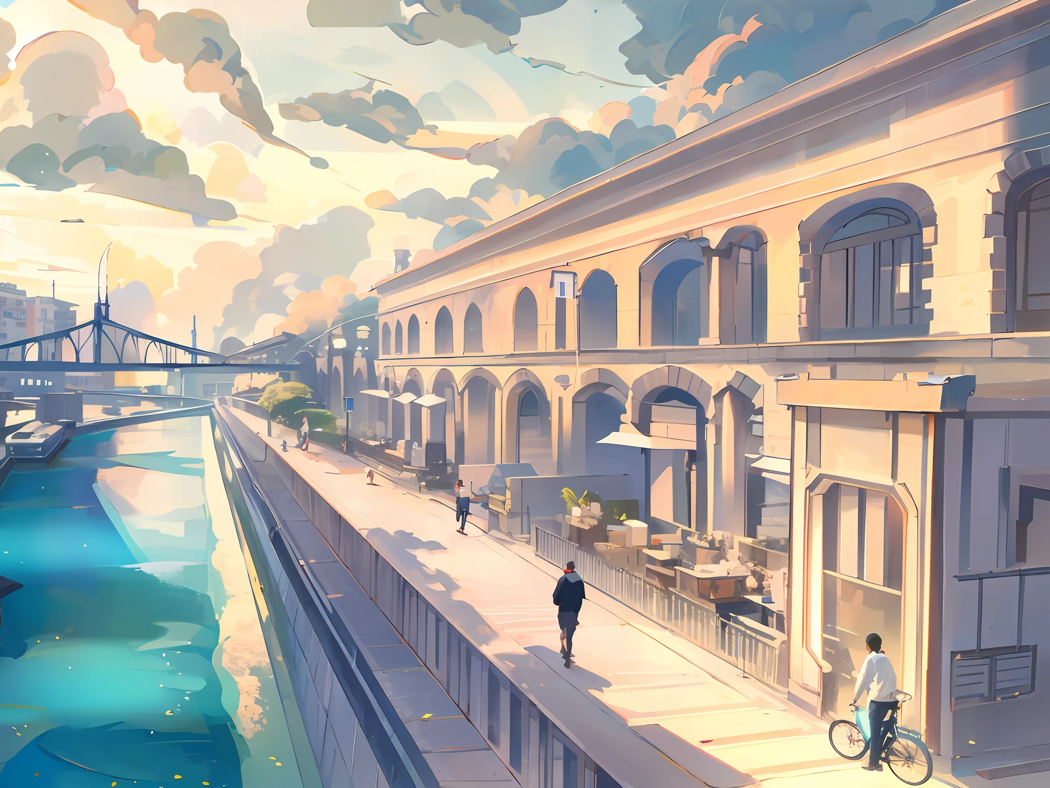 High-quality work,There is a painting of a city street,Rivers and bridges,People walk and bike, anime style cityscape, , rich picture detail,Blue sky clouds,rays of sunshine,optic