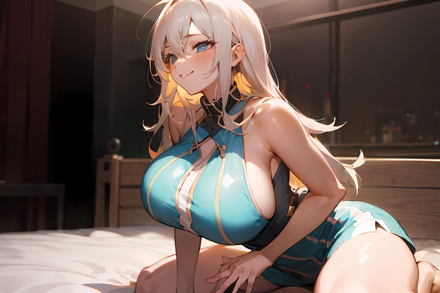 A young girl,anime big breast,Big chest,seductiv,The background is on the bed,an look of enjoyment,nakeness