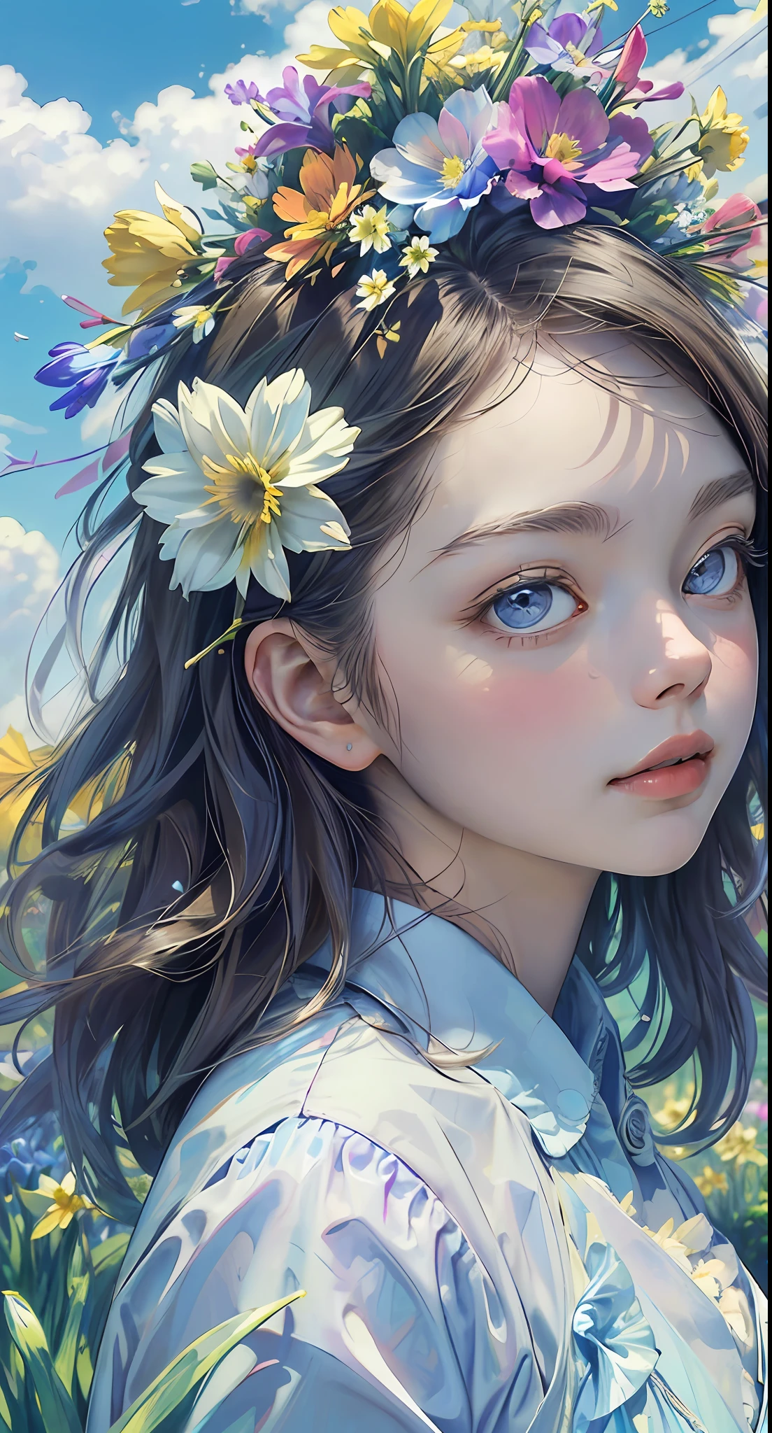 ((masterpiece,best quality)),(1girl, solo:1.4),beautiful detailed eyes, vivid, cloudy sky, flower, anemone \(flower\), daffodil, hyacinth,falling petals,