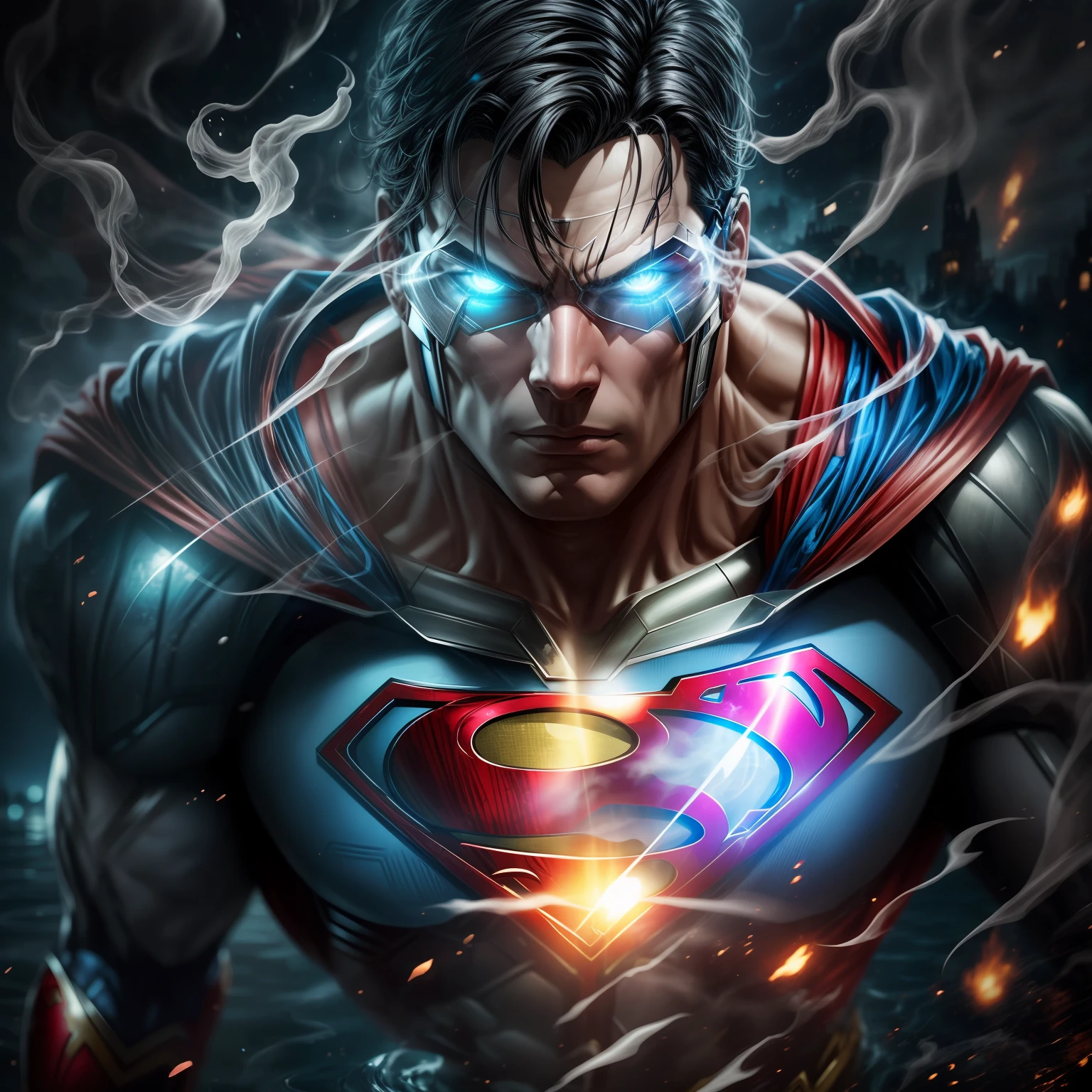 close up, Cyborg Superman из DC Comics, Ghost, Dark, gotik, 3d, Ultra Detailed, blue transparent smoke around, realistic style, Old Night Pond, full - body,