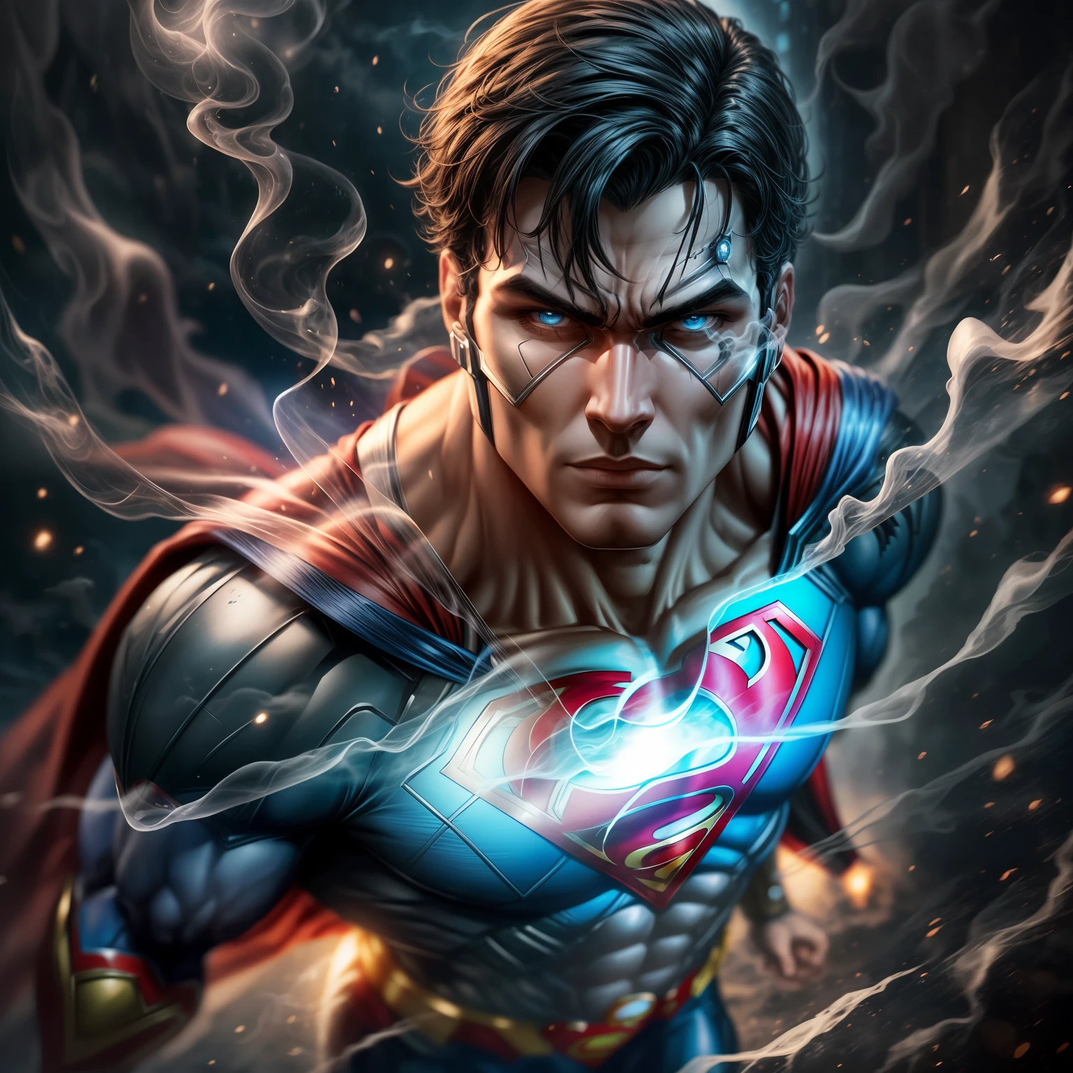 close up, Cyborg Superman из DC Comics, Ghost, Dark, gotik, 3d, Ultra Detailed, blue transparent smoke around, realistic style, Old Night Pond, full - body,