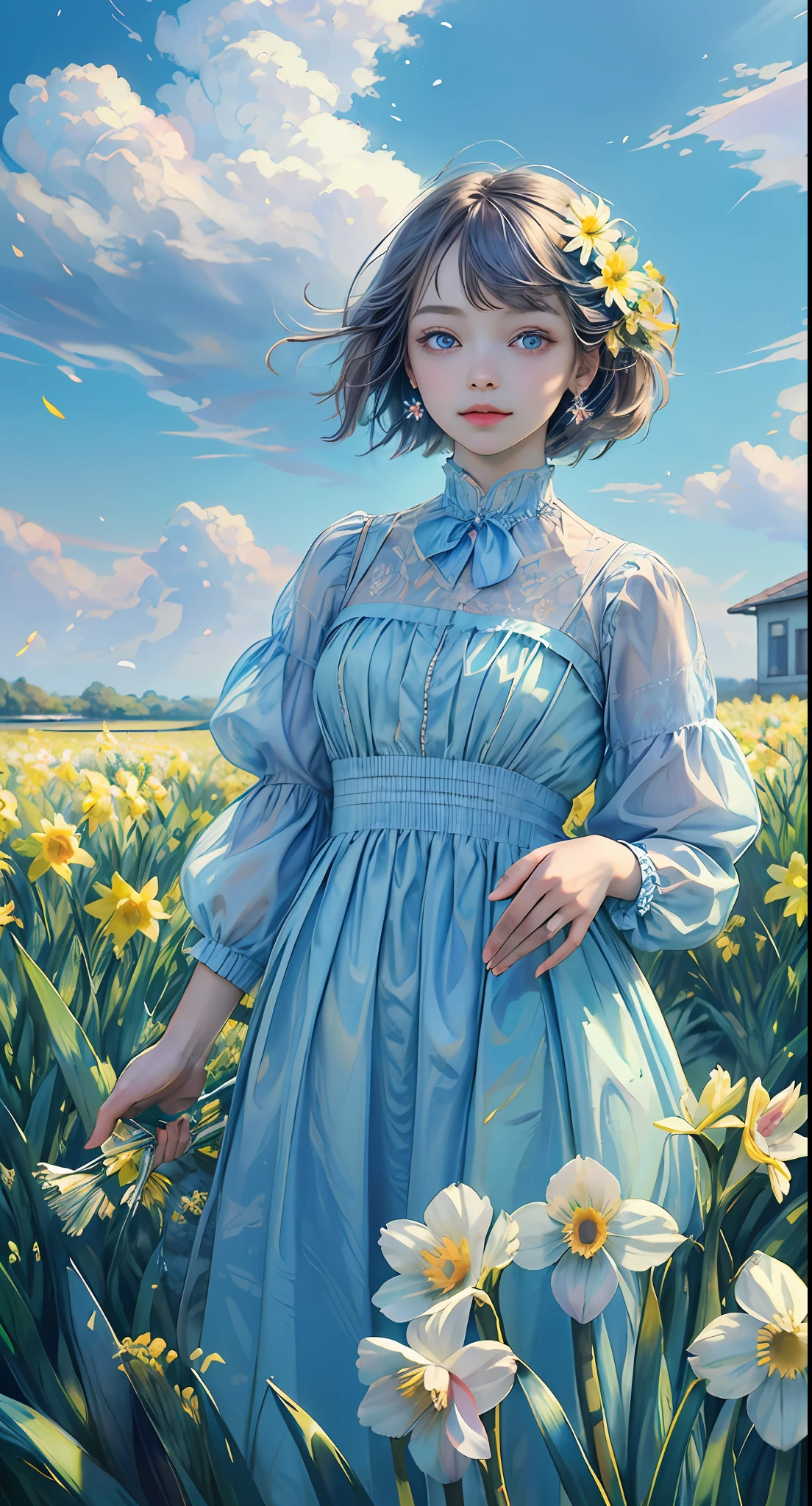 ((masterpiece,best quality)),(1girl, solo:1.4),beautiful detailed eyes, vivid, cloudy sky, flower, anemone \(flower\), daffodil, hyacinth,falling petals,