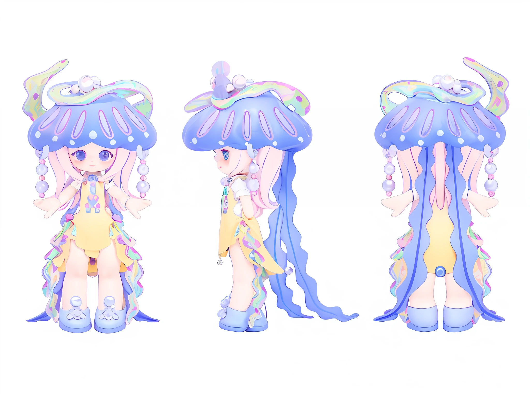 Three View,Blind box dolls,Cute ,Blue jellyfish cap,A pink-haired,cute face,Yellow skirt,Blue shoes,The overall outfit has a fluttery feel,Decorated with streamers and pearls