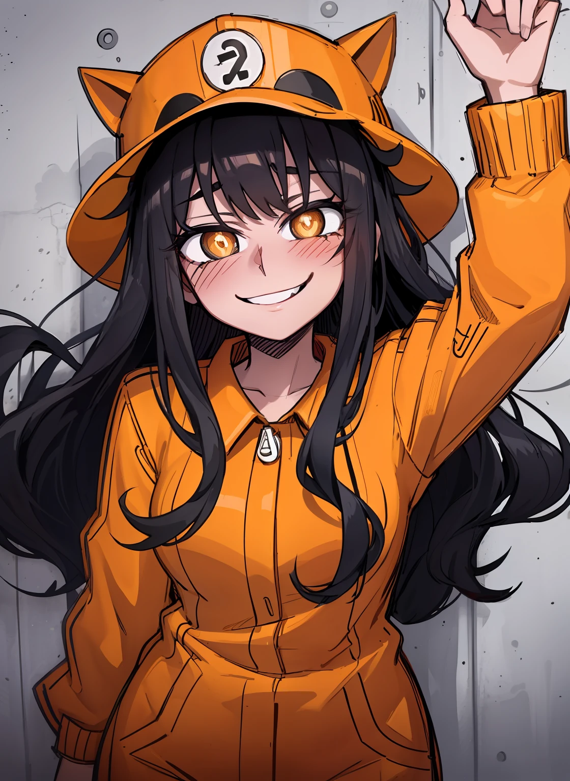 long black hair, brown pupils, love in eyes, blushing, cute, smug, smile, rolling eyes, orange prisoner outfit, barrett hat, long sleeves