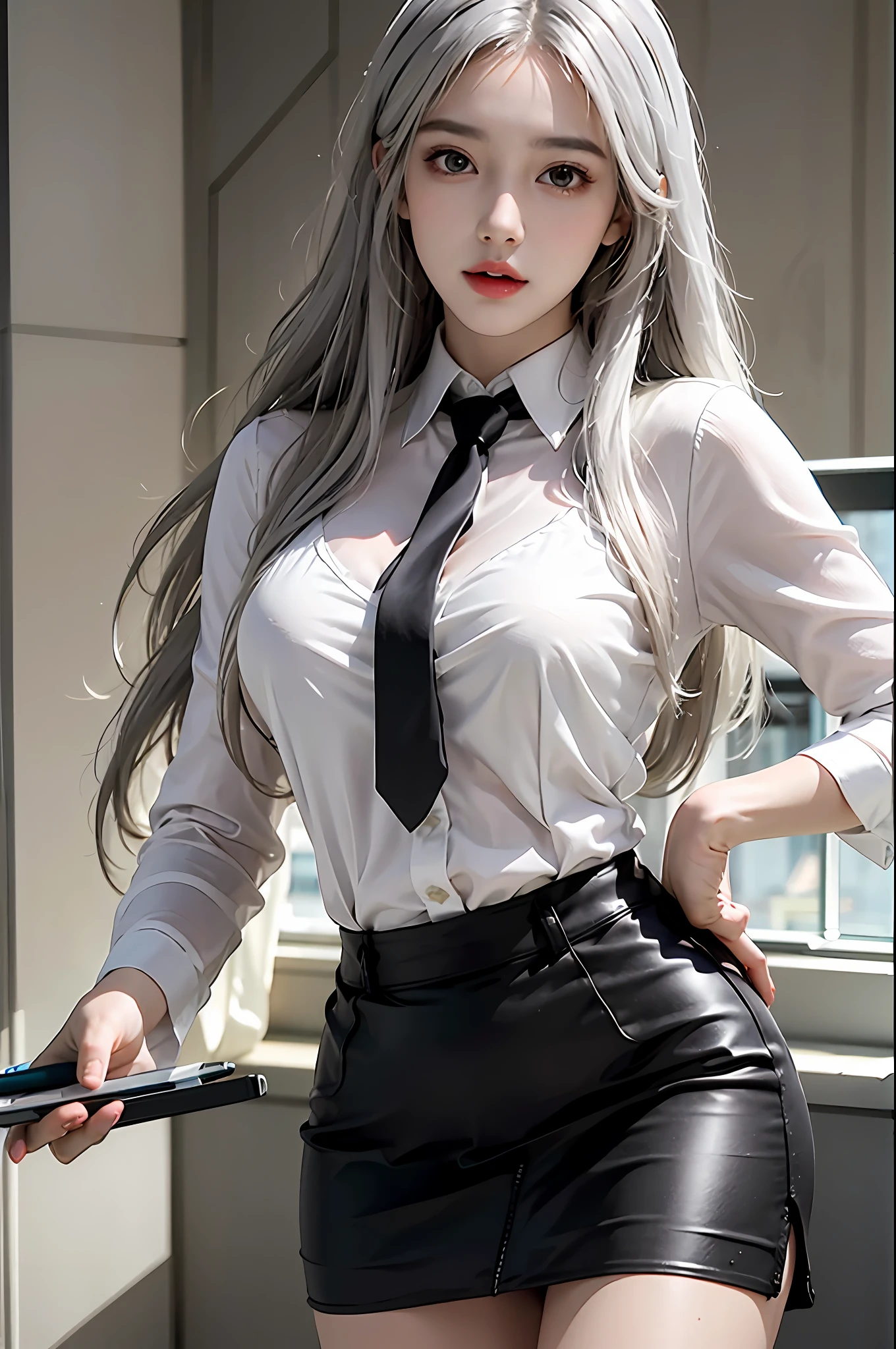 photorealistic, high resolution, 1 girl, hips up, beautiful eyes, white hair, long hair, ringed eyes, collared shirt, black necktie,black skirt, pencil skirt