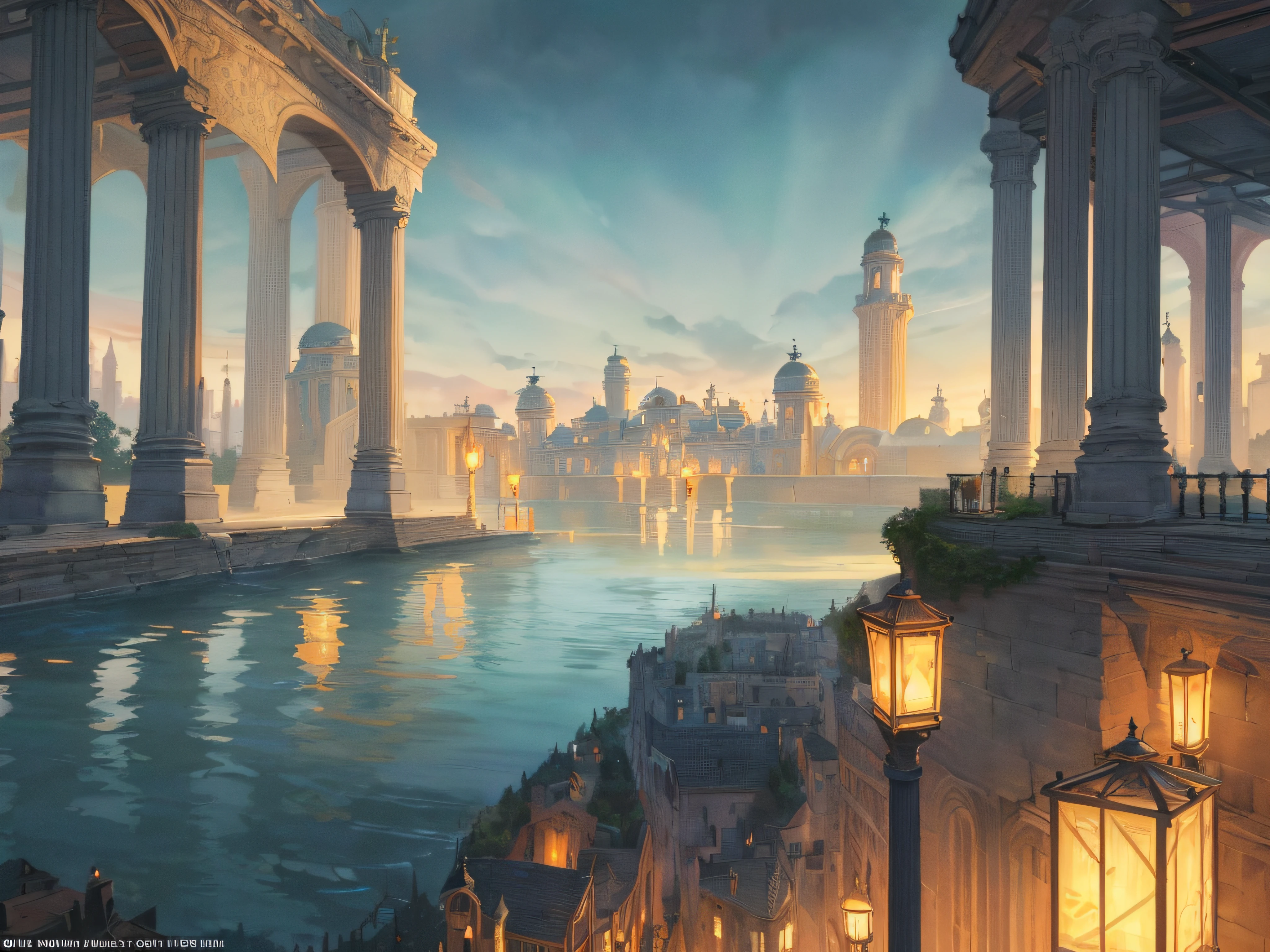a color (Fantasy: 1.2), (Early 19th century style), (((Spiral tower on columns on the water))), (((Water Spiral Tower))), (Ships), (industrial revolution), Plants, Work, arches, Column, grandeur, Plants, lanterns, Sateen, Floral decorations, Lights, ConceptArt, Artstation contest winner, Fantasy art, by Ross Tran, light shafts, Realistic lighting, tmasterpiece, hiquality, Beautiful graphics, higly detailed, tmasterpiece, hiquality, Beautiful graphics, higly detailed, low key light, gloomy atmosphere, smoke from chimneys, ((darkly)) --v6