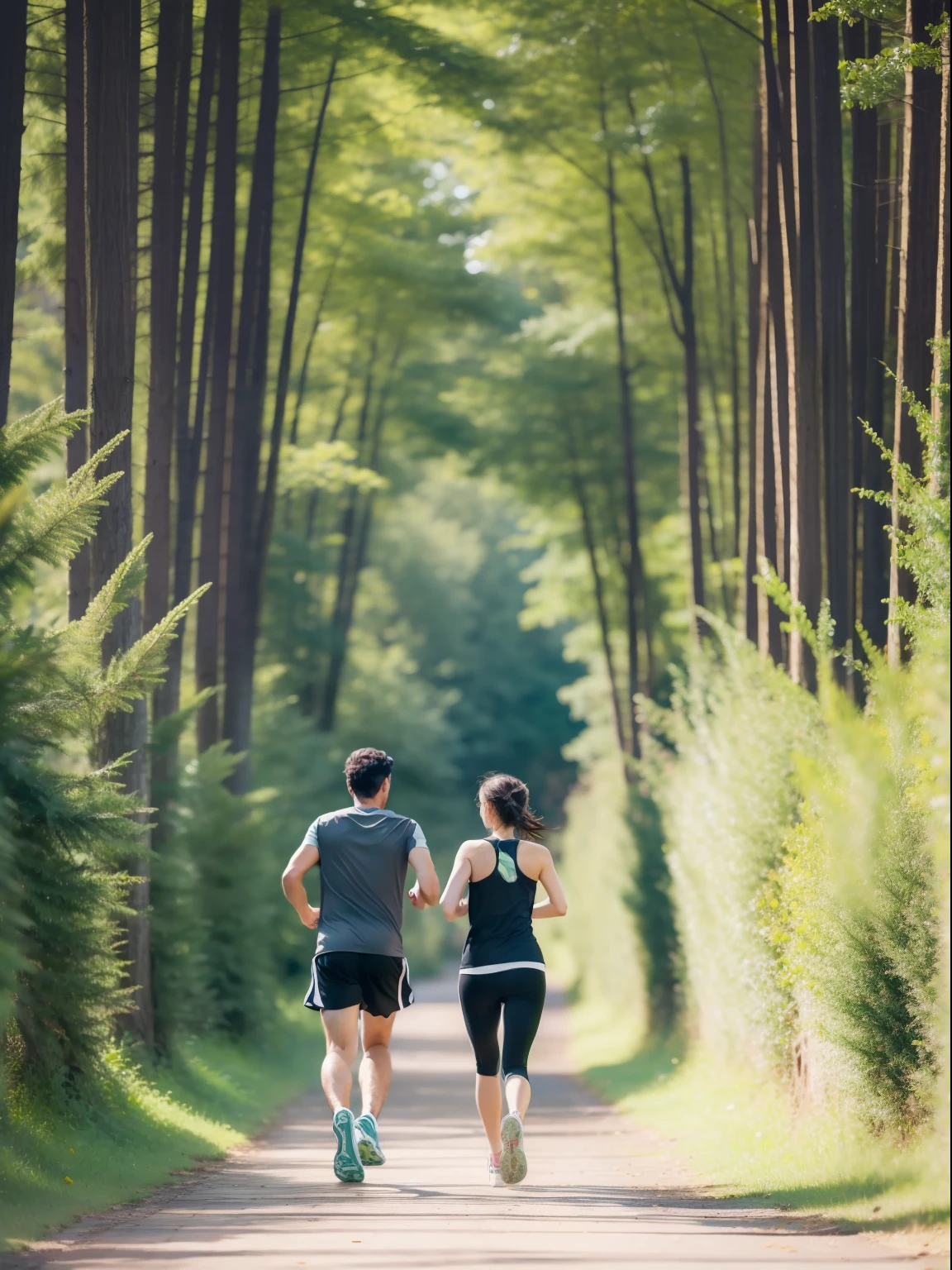 Woman and man jogging in beautiful nature with their backs to the camera
