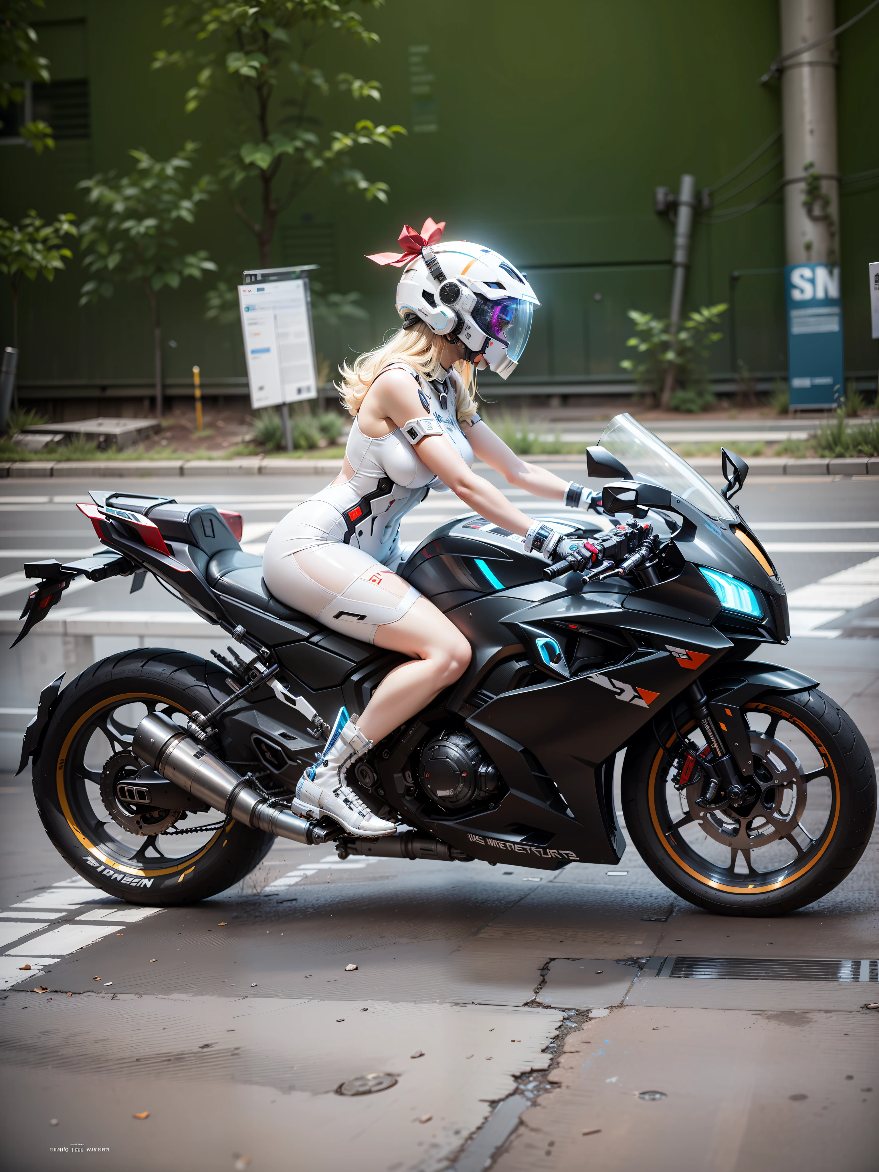 Sexy Cyber Warrior,Long flowing blonde hair,White cyberpunk high-tech mech costume,White cyberpunk helmet(There is a red bow on the helmet),Biomechanicals, MSHN Robot Woman,High-tech helmet,hyper realisitc, Steel, Complex design, insanely details, finely detailled, Extremely clear lines, cinmatic lighting, photograph realistic, A detailed masterpiece