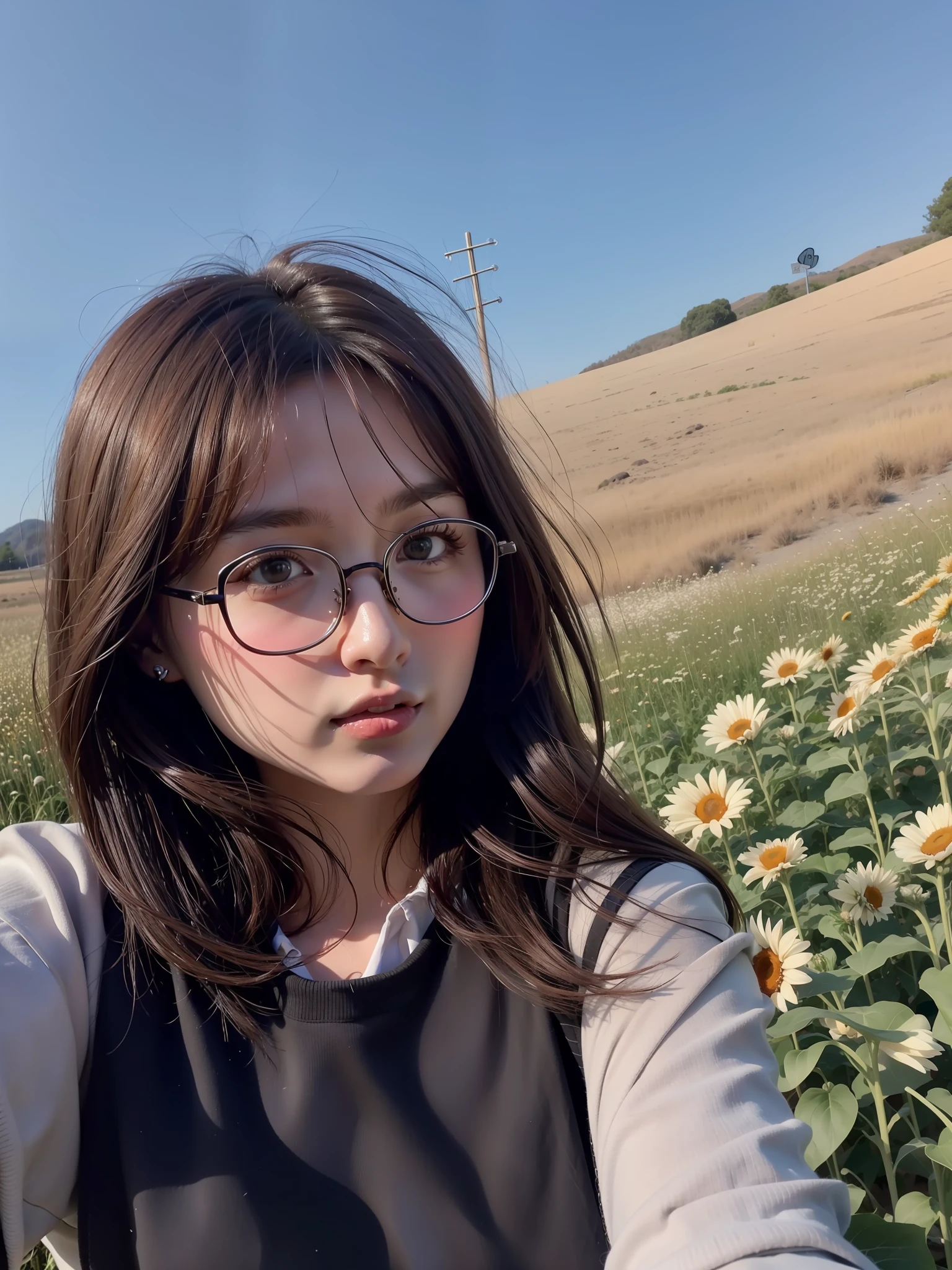 There is a woman with glasses standing in a sea of flowers，There are a lot of flowers，Beautiful girl，There are a lot of sunflowers
