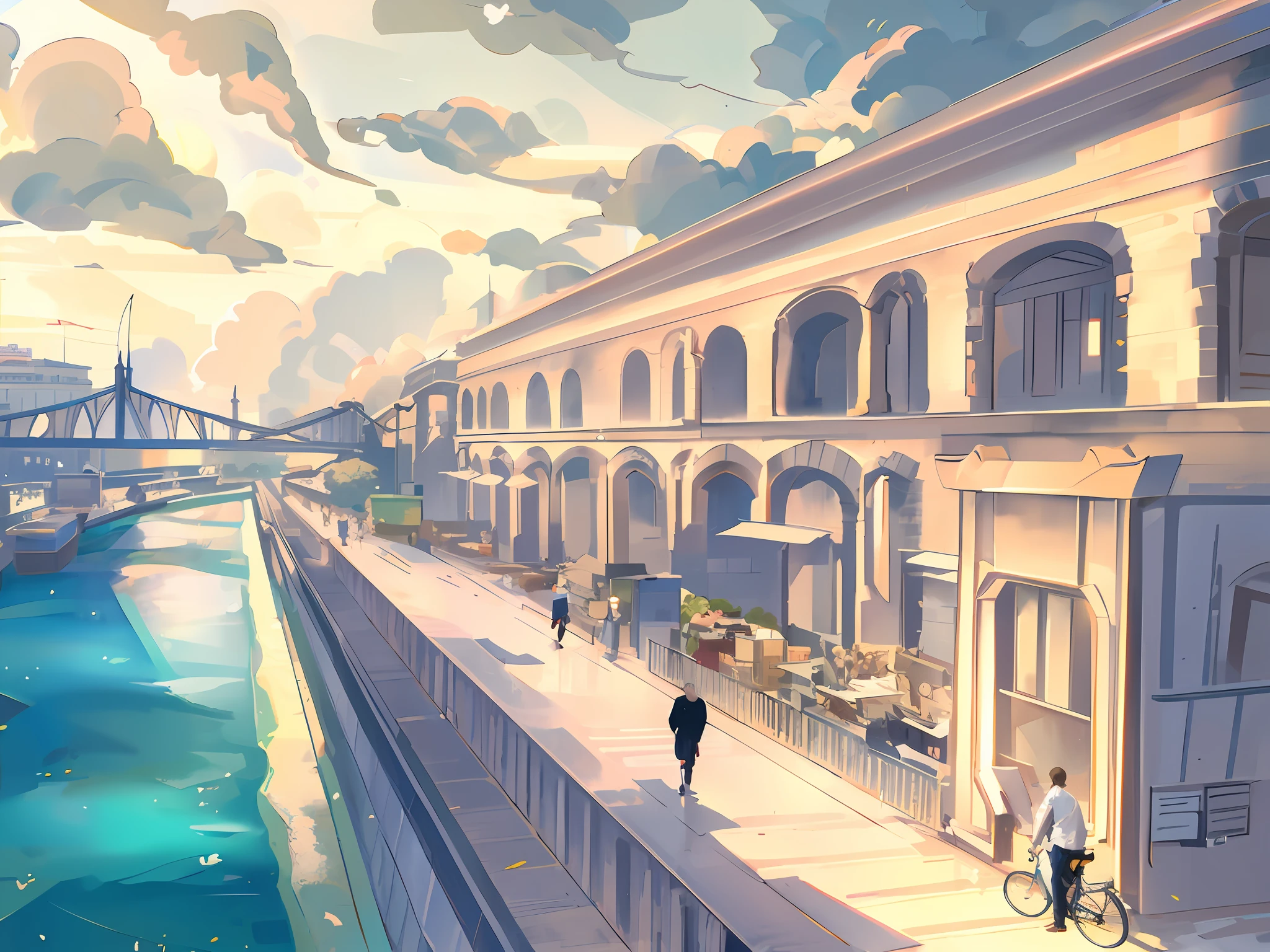 High-quality work,There is a painting of a city street,Rivers and bridges,People walk and bike, anime style cityscape, , rich picture detail,Blue sky clouds,rays of sunshine,optic