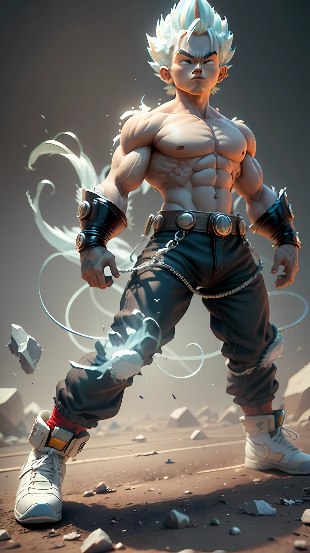 Goku, super saiyan, exquisite hair, arm depiction, white and blue hair body, exquisite shoes, eye depiction, exquisite hair, popmart blind box, clay texture, stepping on the land, black and white background, natural lighting, most good quality, super detail, 3D art, c4d, OC renderer, 3D rendering, 8k