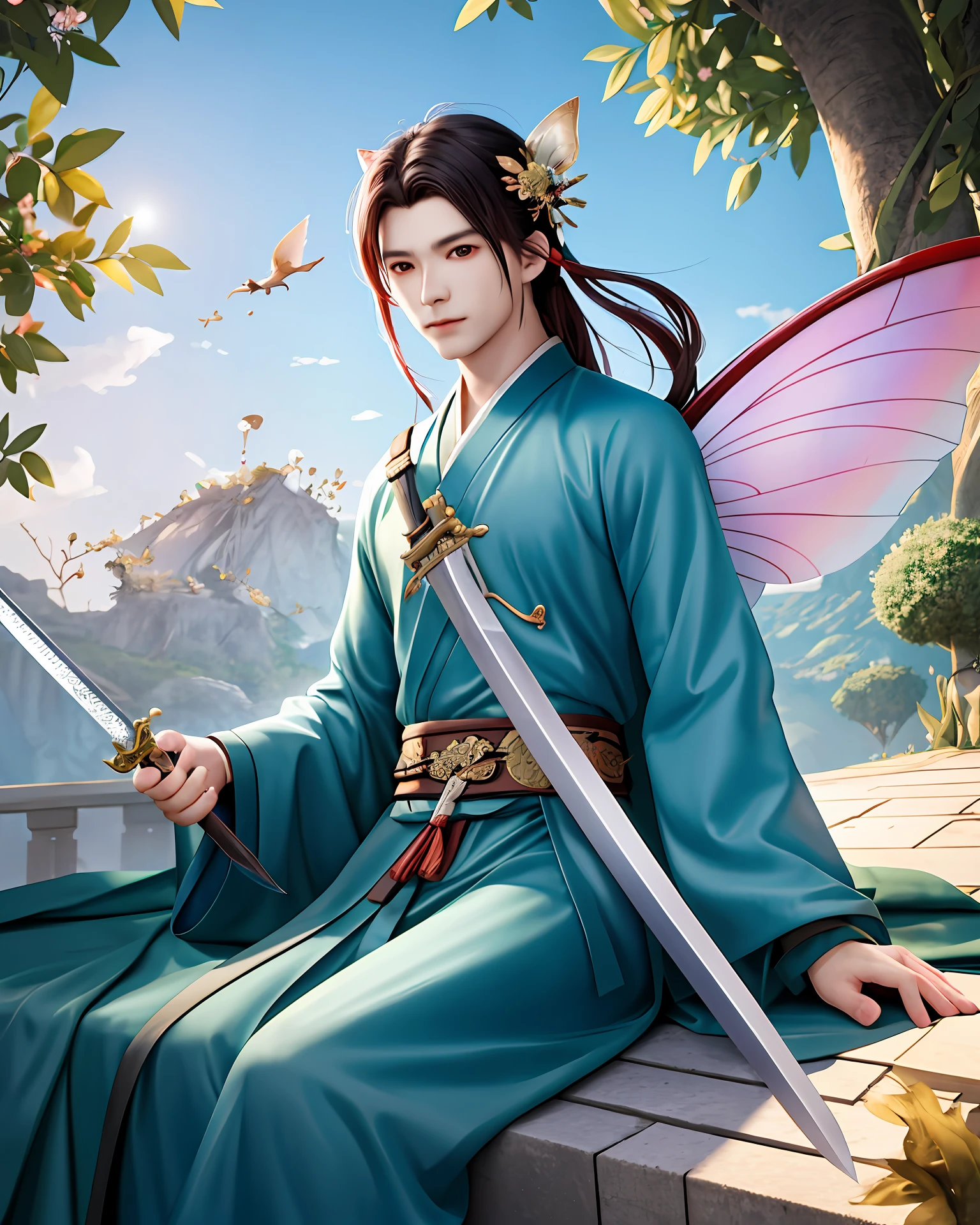 A beautiful man sitting on a fairy sword,Wearing a Taoist robe,Four flying swords were suspended around the perimeter,Immortal