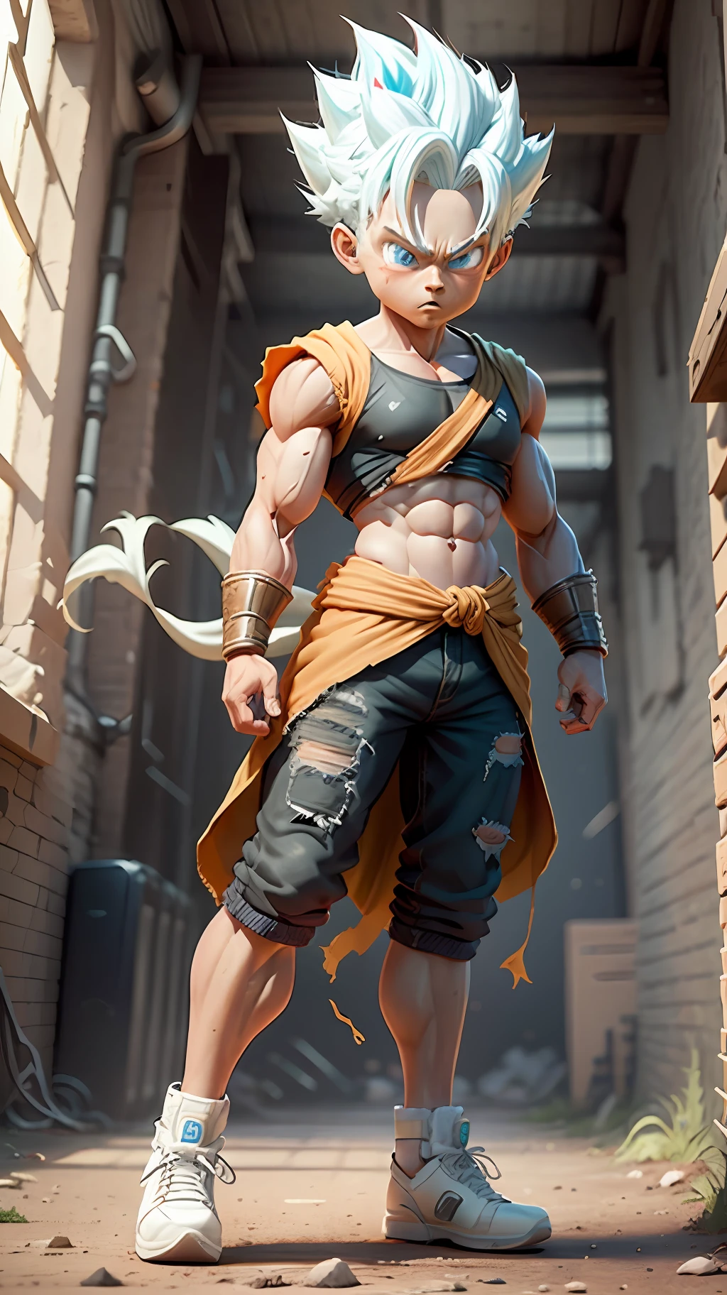 Goku, super saiyan, exquisite hair, arm depiction, white and blue hair body, exquisite shoes, eye depiction, exquisite hair, popmart blind box, clay texture, stepping on the land, black and white background, natural lighting, most good quality, super detail, 3D art, c4d, OC renderer, 3D rendering, 8k