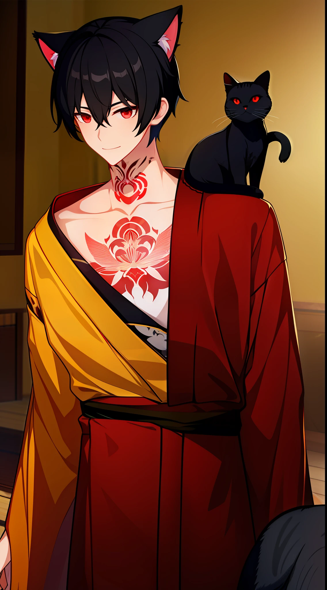 Young guy, short black hair, Cat's ears, red eyes, combat kimono, open torso, Tatoo, Burns, ssmile, Masterpiece, hiquality