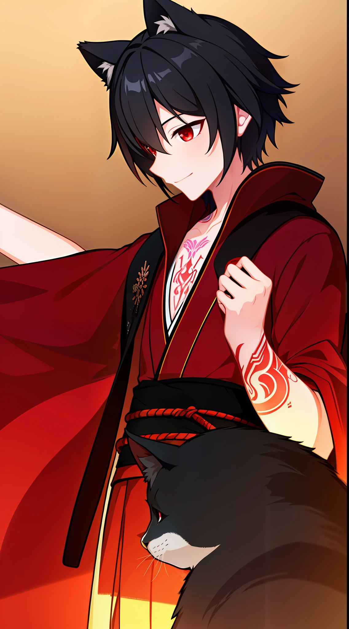 Young guy, short black hair, Cat's ears, red eyes, combat kimono, open torso, Tatoo, Burns, ssmile, Masterpiece, hiquality