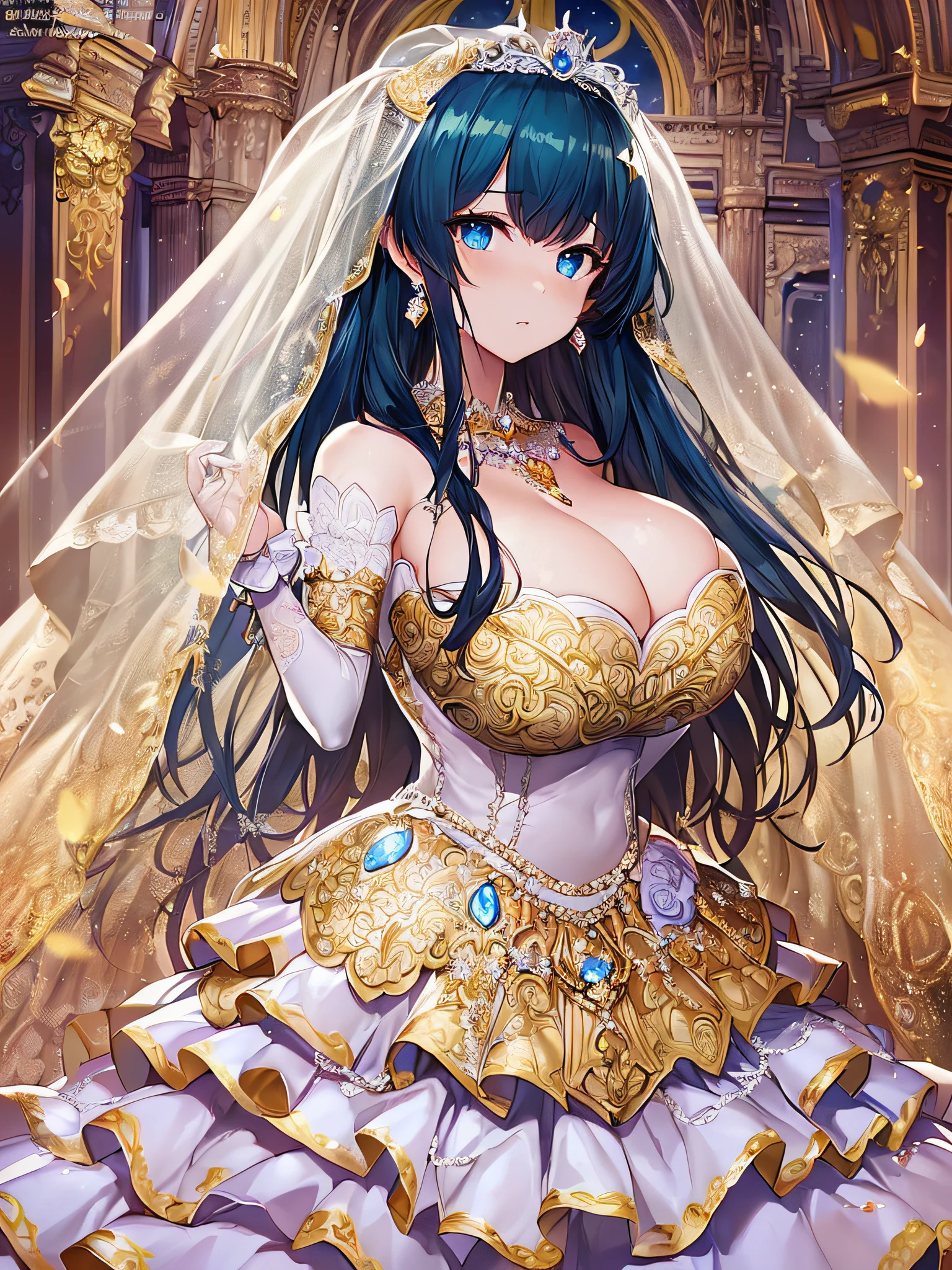 ((anime artstyle)),(Masterpiece),(Best Quality), (Super Detail),((Very Delicate and Beautiful)),Focus on character,Dynamic Angle,Looking at viewer,((Solo)),standing,((full body)),((one princess in gorgeous ball gown wedding dress with voluminous skirt)),((June bride)),detailed face and eyes,jewel-like eyes,((Very Long voluminous Hair)),gorgeous embroidery and lace,((gorgeous corsage)),See-through,(Gorgeous jewelry ornaments),Huge and luxury hair ornament,luxury tiara with jewels,ornate ruffles,((gigantic breasts,Long breasts)),indoor,church wedding,((full body)),hoop skirt,crinoline,very long wedding veil,(((fusion of jeweled wedding dress and gorgeous embroidery rococo ballgown))),