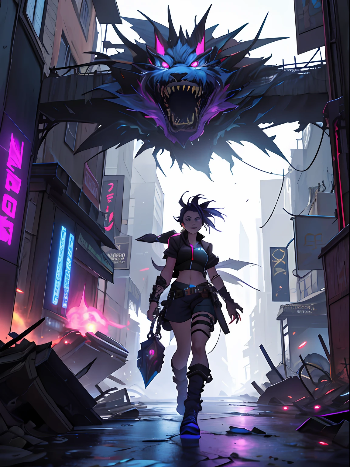 A ruined city ((Best quality)), ((masterpiece)), (highly detailed:1.3), 3D, arcane style,In the dark and gritty dystopian city Piltover, plagued by violence and divided into two opposing factions, a young prodigy named Jinx emerges. Having endured unimaginable loss and abandonment, she has embraced a life of chaos and destruction. Known for her inventive and explosive abilities, Jinx becomes an icon of rebellion against the oppressive forces controlling the city. However, haunted by guilt and battling inner demons, she must confront her past and decide whether to continue down the path of anarchy or seek redemption amidst the turmoil. Explore the journey of Jinx as she navigates a treacherous world, fighting for survival, unraveling secrets, and discovering the true meaning of her twisted existencechaos reigns supreme, and at the heart of it all is Jinx, the embodiment of unpredictability. Delve deep into the twisted mind of Jinx, exploring the origins of her madness and the driving force behind her destructive nature. Unveil the moments that shaped her into the deranged and iconic character we know. Take us on a wild journey through the vibrant streets of Piltover and the grim underbelly of Zaun as Jinx wreaks havoc with her explosive arsenal. Can redemption ever find its way into Jinx's fractured soul