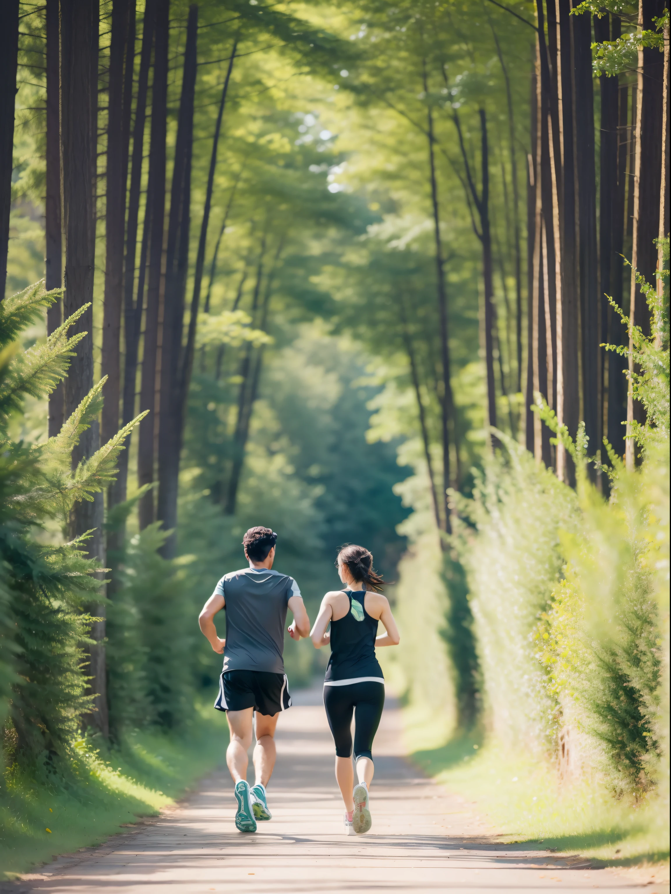 Woman and man jogging in beautiful nature with their backs to the camera
