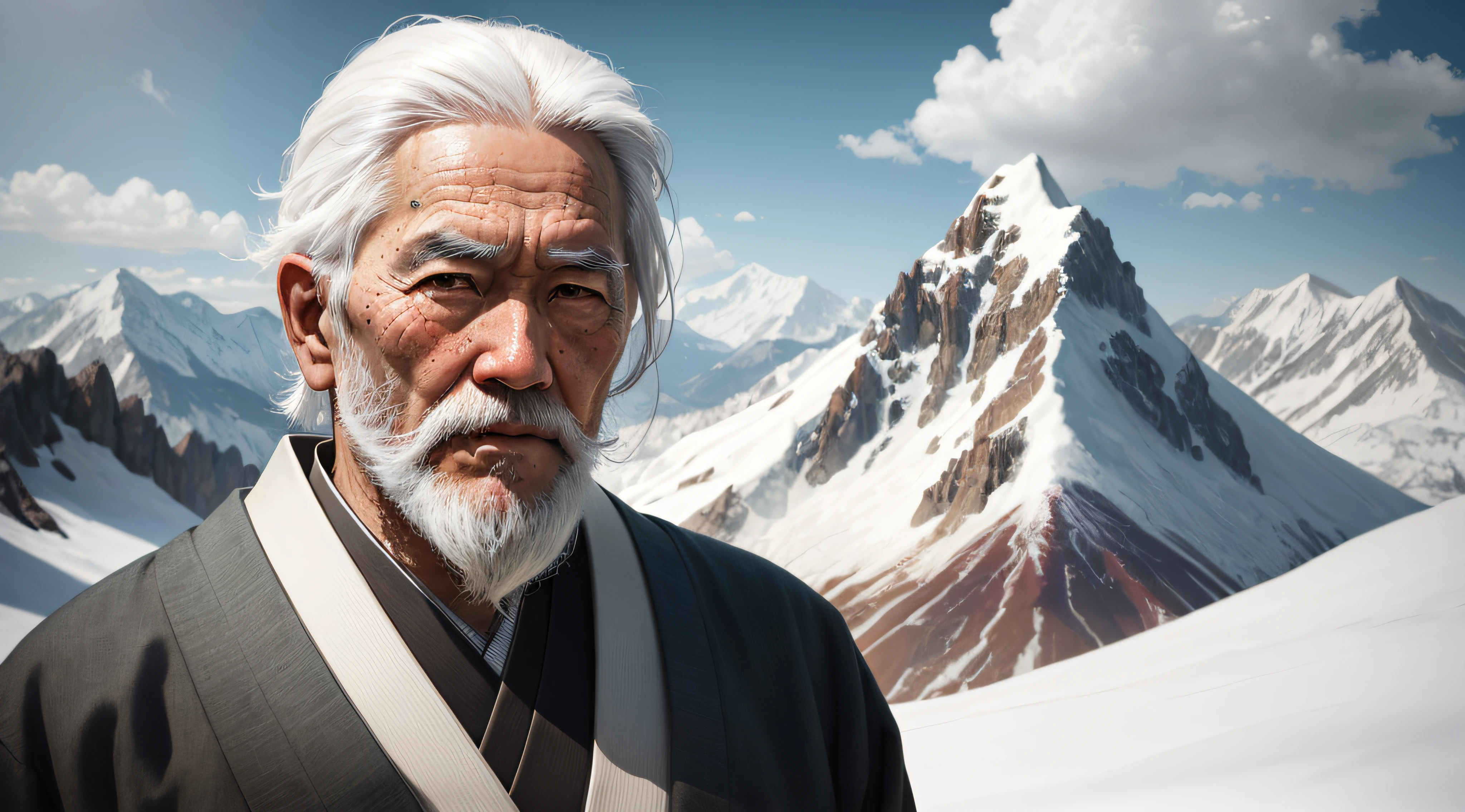 old japanese man, white hair, big white beard, mountain background, expressionism, realism, contemporary art, 50mm, Canon, UHD, masterpiece, ccurate, super detail, award-winning, high details, highres, 8k