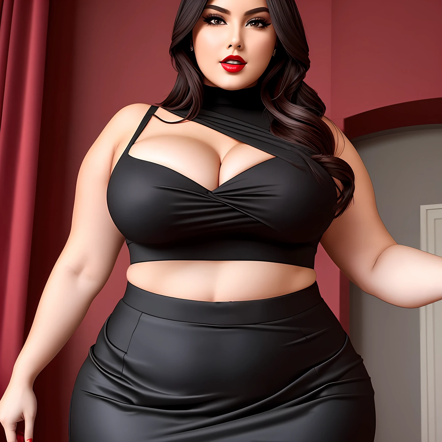 Black,Skirt that wraps hips,huge tit,Upper body exposed,Secretarial outfit,Spread your legs apart,Fleshy thighs,Clothes feel flesh,Plus-size body,Eyes seductive,Sexy red lips,big assa, --auto