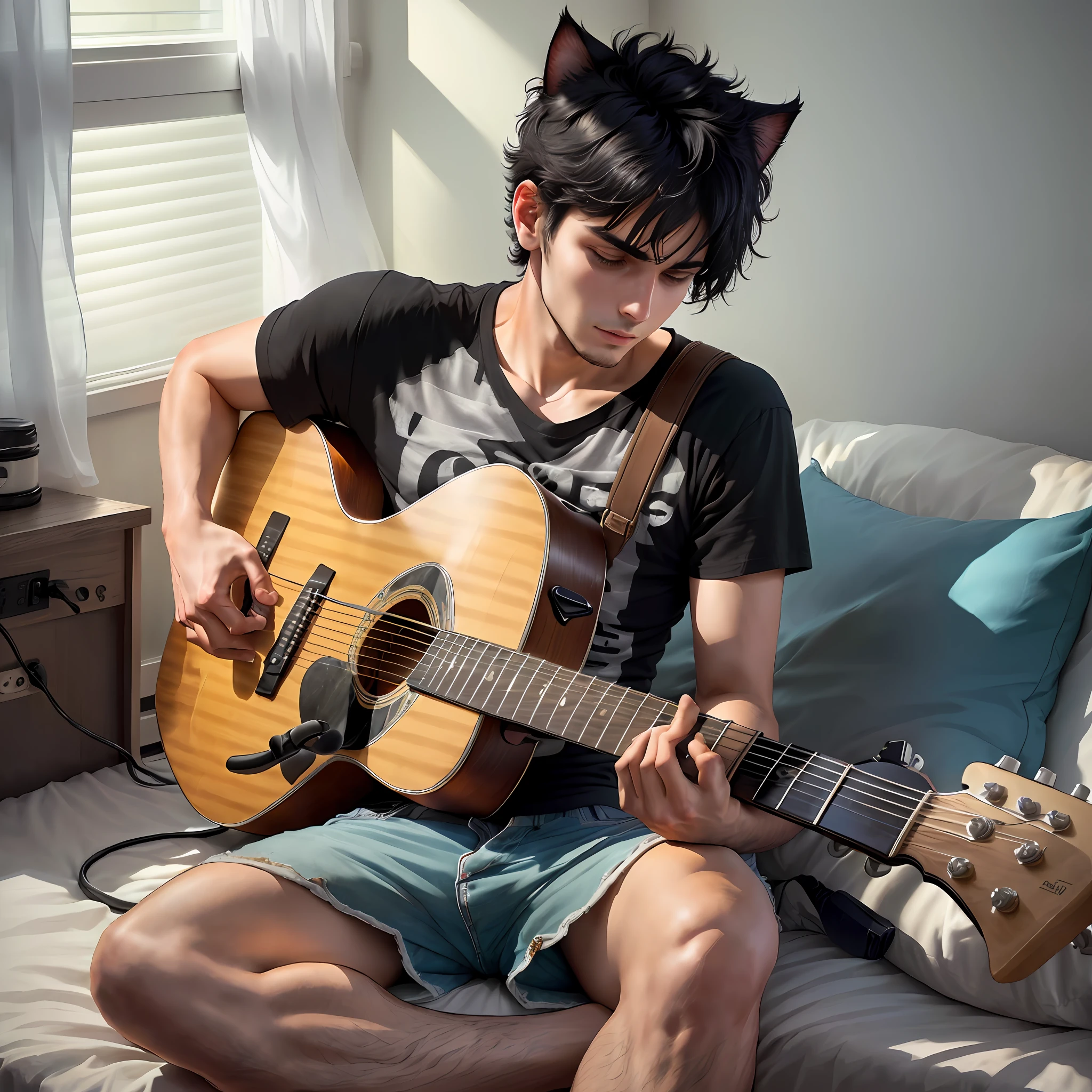 A 25-year-old man with short hair,with short black hair,There are muscle lines,Wear short sleeves and shorts,In a cosy room,dim murky lights,Sit on the edge of the bed and play guitar,The cat lies on his shoulder