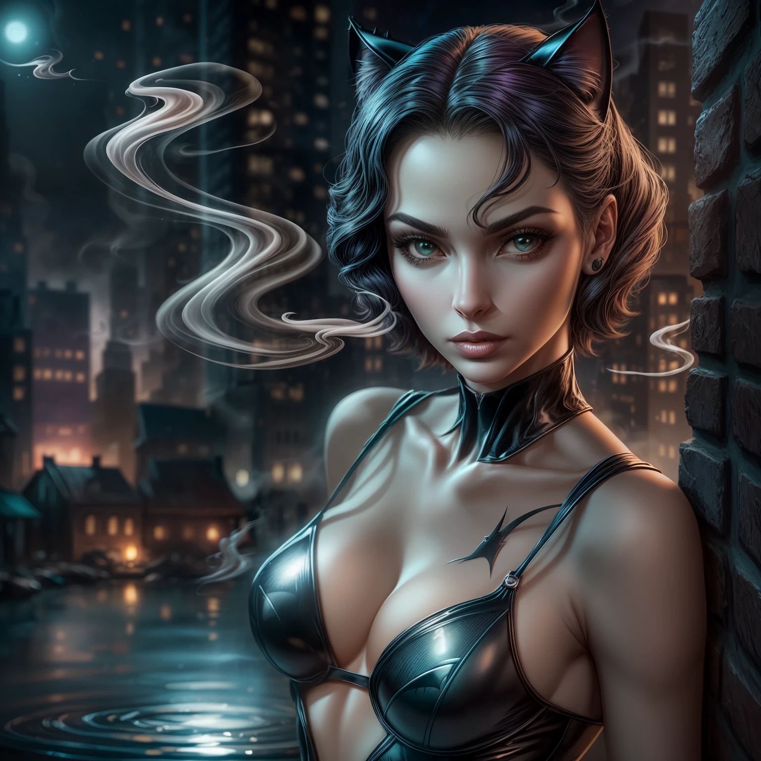 close up, Catwoman из DC Comics, Ghost, Dark, gotik, 3d, Ultra Detailed, blue transparent smoke around, realistic style, Old Night Pond, full - body,