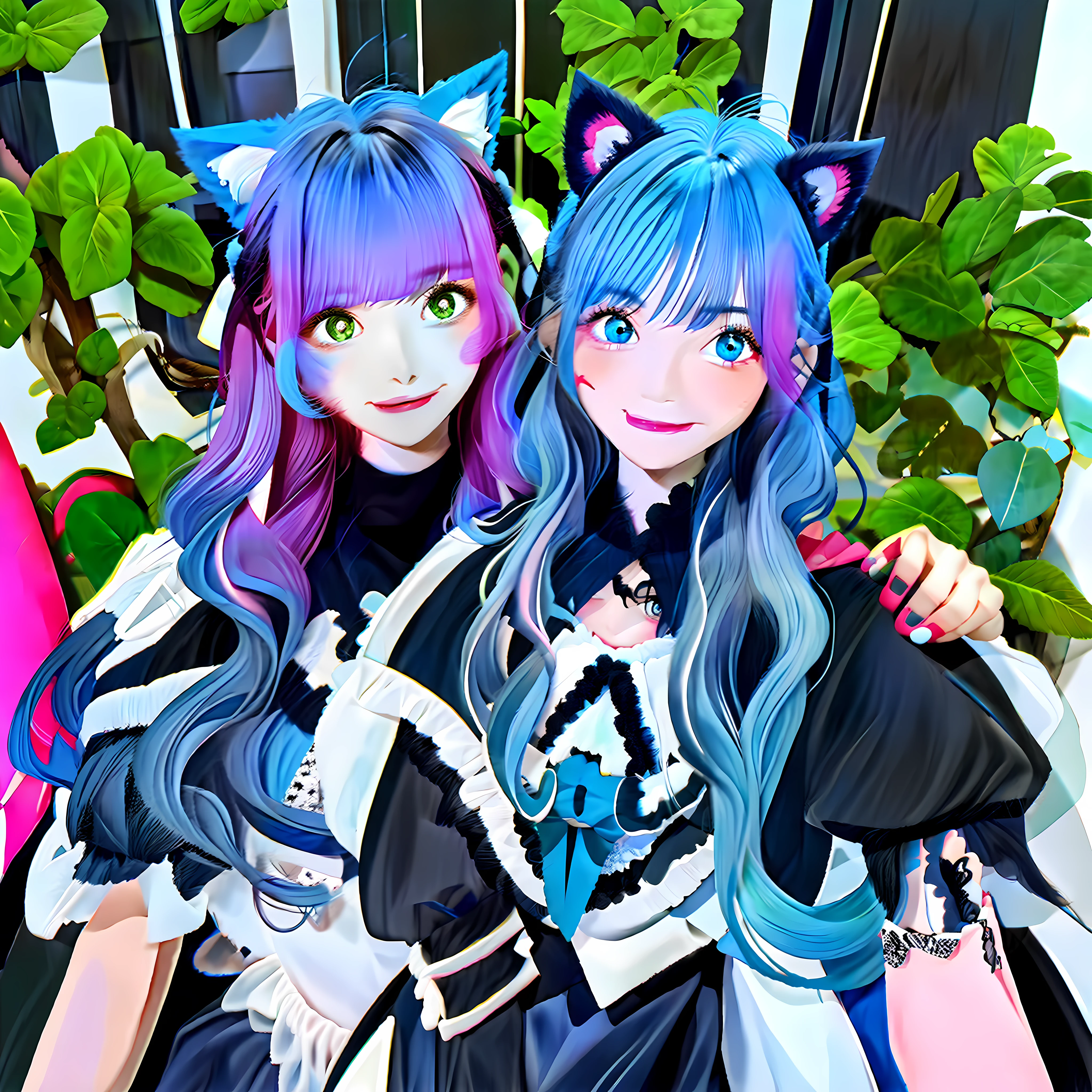 Black hair, Blue hair, Light blue hair, Pink hair, Green hair, Dark blue hair, Long hair, shairband, hair bobbles, blue hair ribbon, Multicolored eyes, Cat ears, Makeup, Smile, Light smile, grin, Blush, Tsundere, surrealism, Verism, 8K, Super detail, hyper HD, retinas, Masterpiece, ccurate, Anatomically correct, Anatomically correct, Super detail, High details, High quality, Award-Awarded, Best quality, A high resolution, 1080p, HD, HD, 8K, 16k