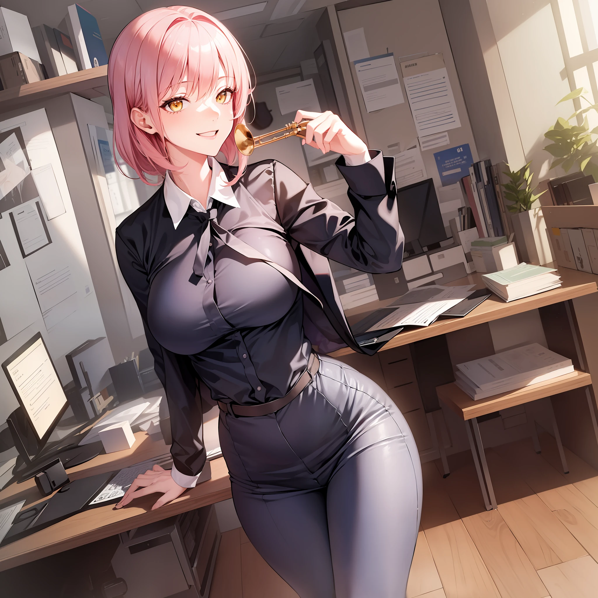 ((masterpiece, best)),(1girl),((mature woman)), light pink hair, dizzy, trumpet, ((office lady)), bangs, mid-chest, (full), slim, smiling, [wide hips] ,office,standing, aru \(blue archive\),