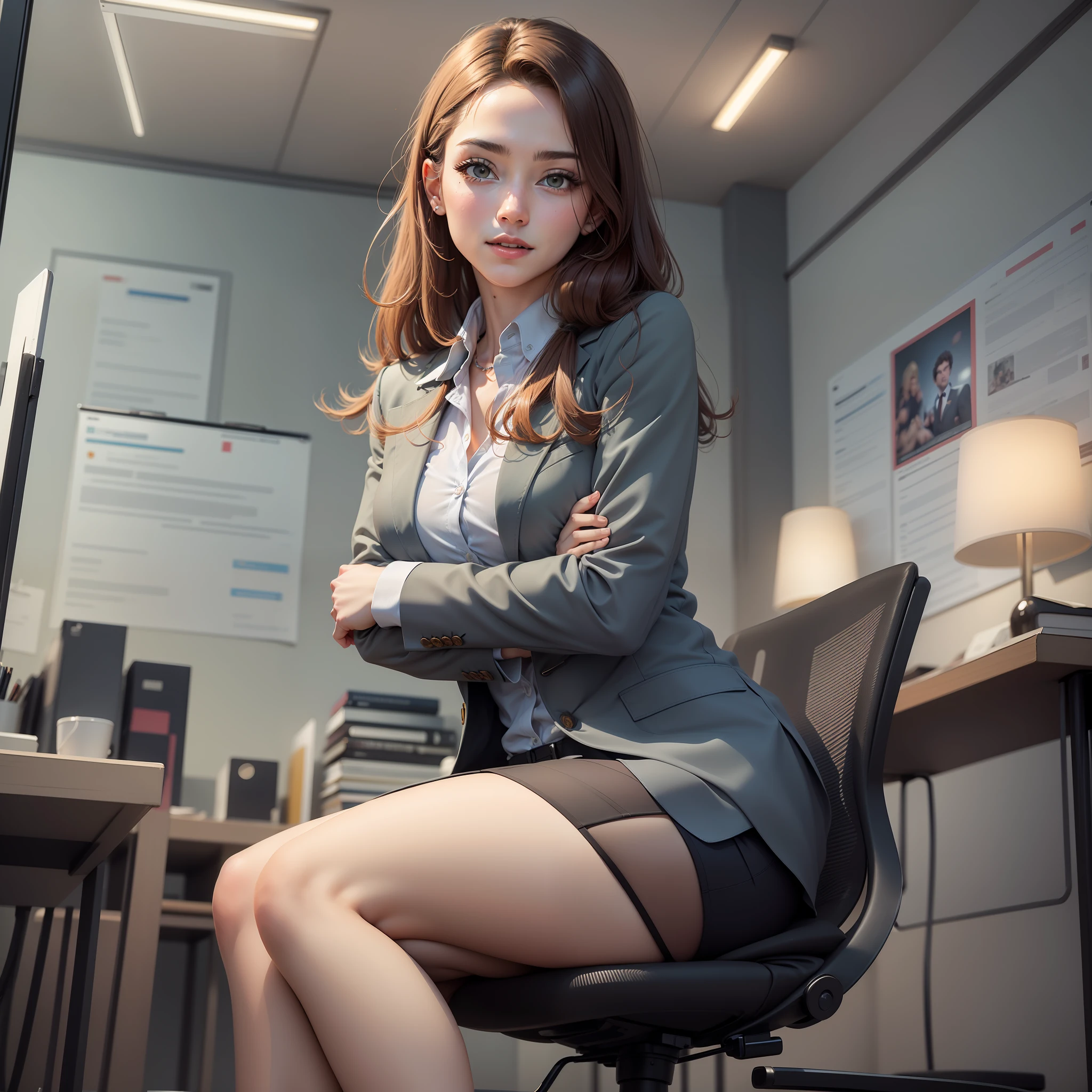 (obra-prima, melhor qualidade, extremamente detalhado, 8k, papel de parede, ultra-detalhado), (foto RAW:1.2), 1girl, indoor, small head, Black pantyhosebloom, pencil skirt going down to the knee, business suit, olhos e rosto extremamente detalhados, solo, cabelo comprido, sorriso, cabelo castanho, camisa, cabelo preto, mangas compridas, joias, standingn, camisa branca, panthyhose, brincos, gravata, listrado, camisa de gola, interior, formal, gravata vermelha, watch, realista, wristwatch, office lady, stripe pattern, s office, usando um pencil_dress