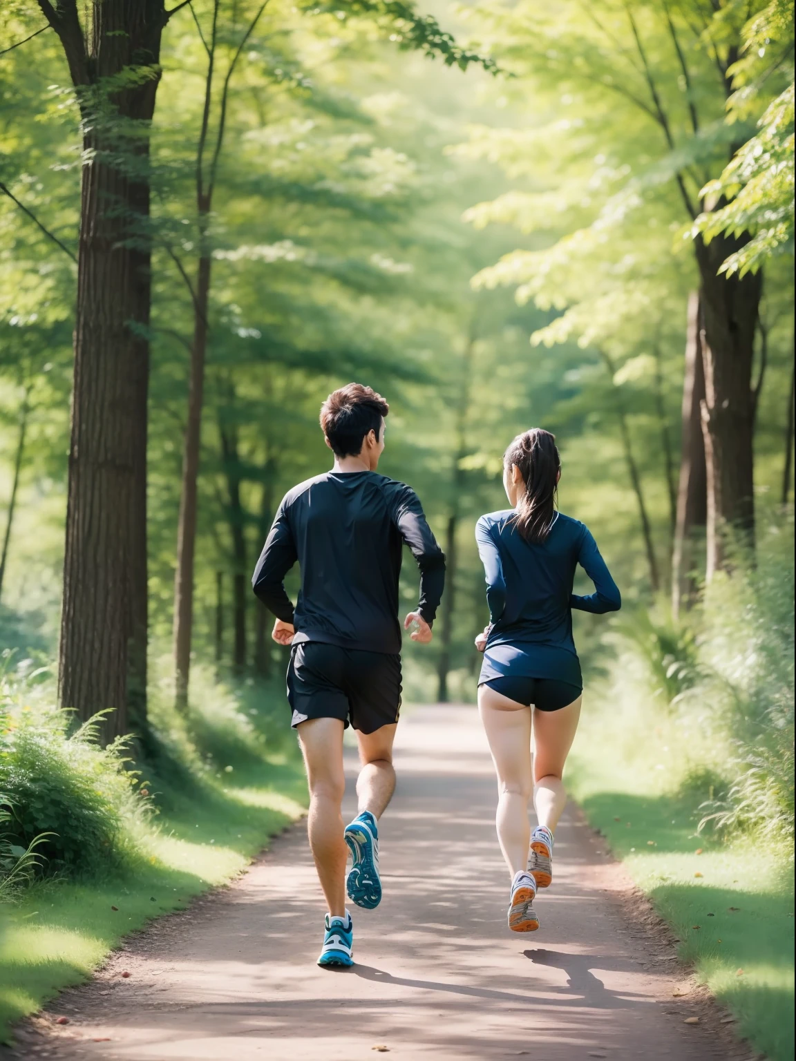 Woman and man jogging in beautiful nature with their backs to the camera