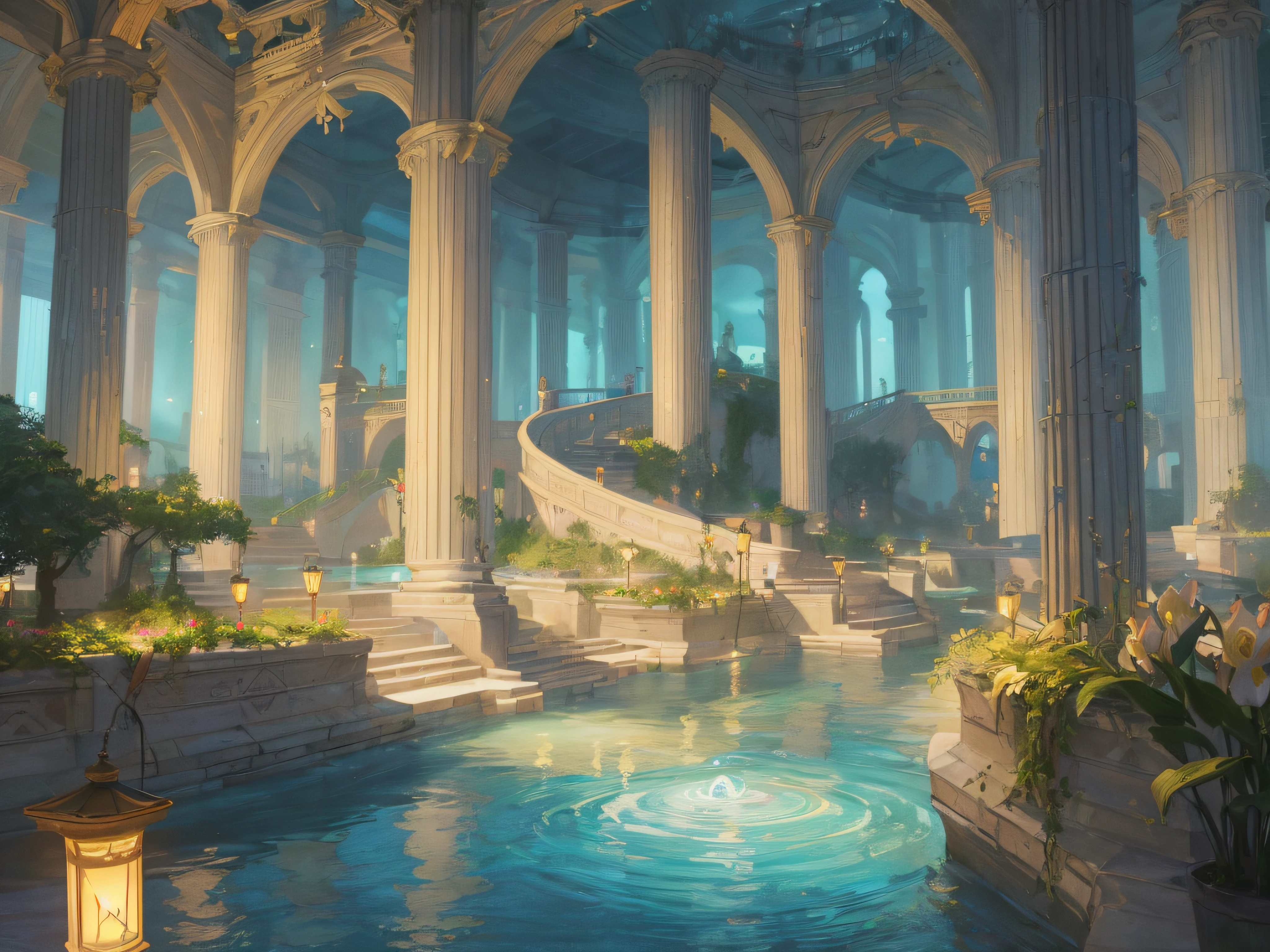 a color (Fantasy: 1.2), (Early 19th century style), (((Spiral tower on columns on the water))), (((Water Spiral Tower))), (Ships), (industrial revolution), Plants, Work, arches, Column, grandeur, Plants, lanterns, Sateen, Floral decorations, Lights, ConceptArt, Artstation contest winner, Fantasy art, by Ross Tran, light shafts, Realistic lighting, tmasterpiece, hiquality, Beautiful graphics, higly detailed, tmasterpiece, hiquality, Beautiful graphics, higly detailed, low key light, gloomy atmosphere, smoke from chimneys, ((darkly)) --v6