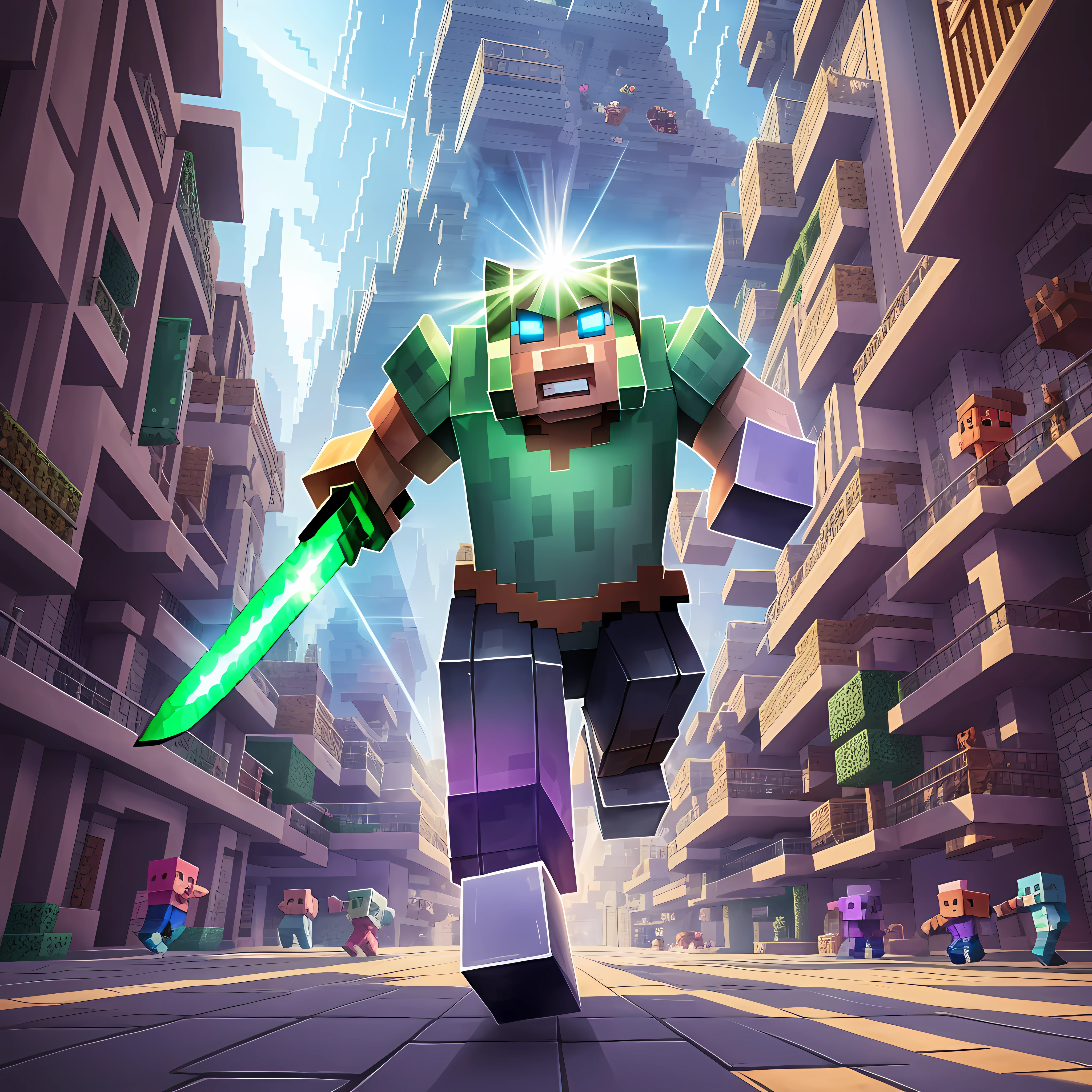Minecraft Legends game t-shirt designs with a humanoid pig running with a sword in his right hand, looking at the center of the screen, sleepy, Futurism, Luminism, backlighting, lens flare, super detail, ccurate, best quality