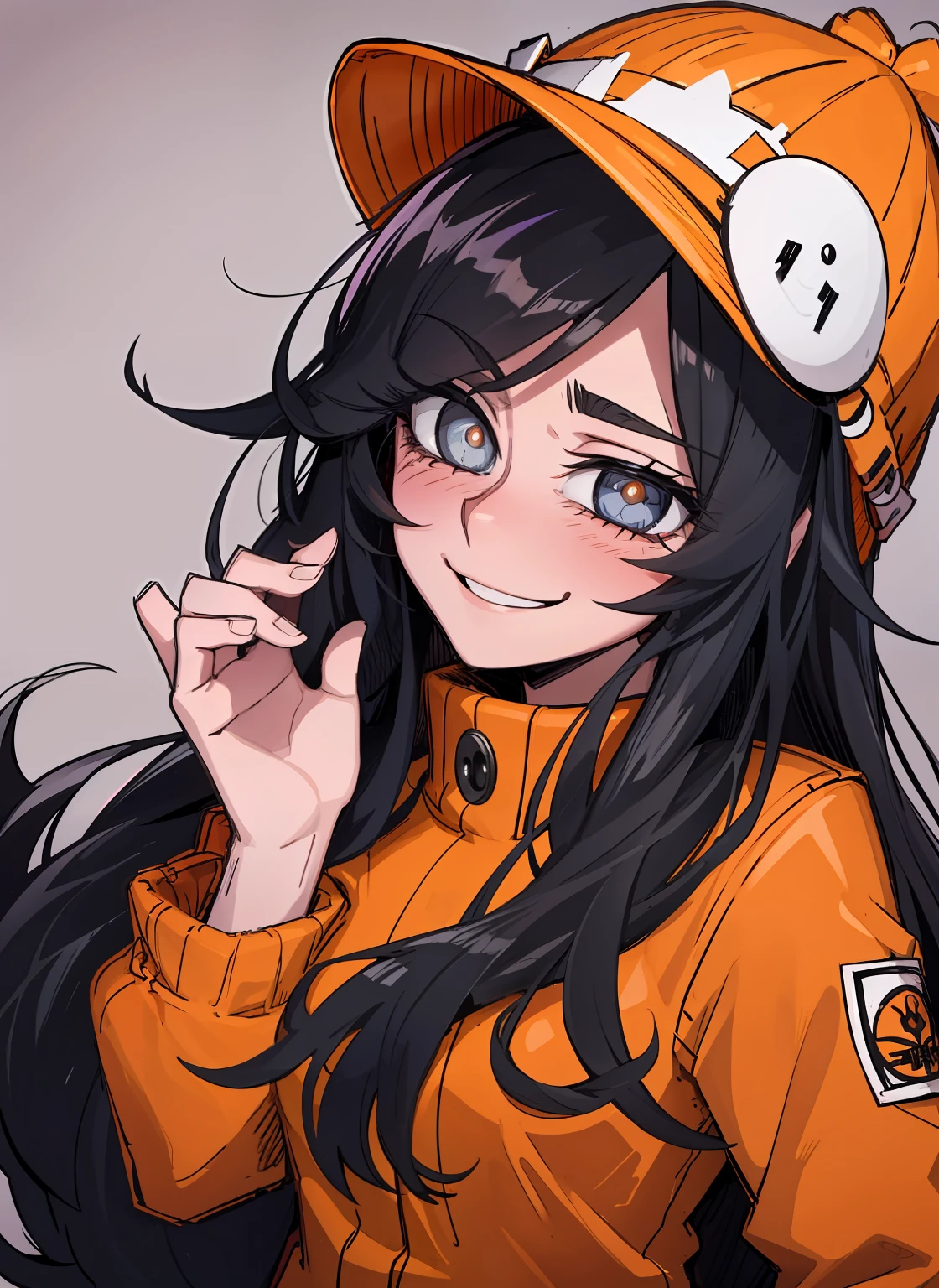 long black hair, dark pupils, love in eyes, blushing, cute, smug, smile, rolling eyes, orange prisoner outfit, barrett hat, long sleeves