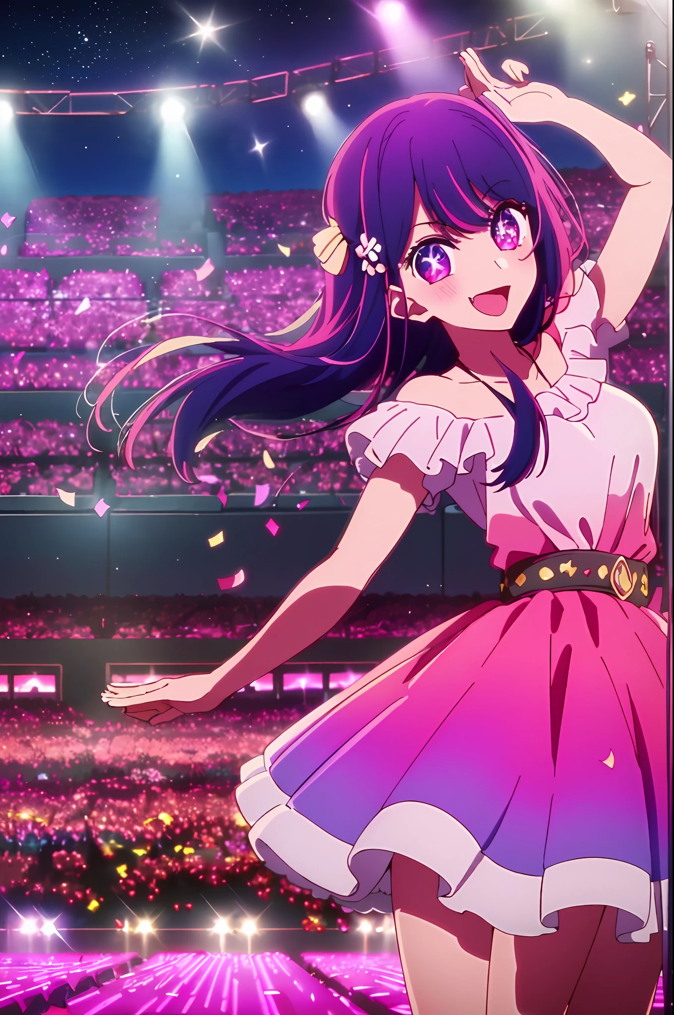 masterpiece、ighly detailed、(1 girl in:1.2)、purple color hair、pink dress、big eye、a closeup、A smile、8K 、Ai Hoshino、Live performance venue、dance、Large audience、The background is(idol stage:1.3)、(Stand in the center of the screen:1.3)、inside the house、idol live、the wind、(Colorful spotlights:1.7) Break the magnificent view、(Audience 10,000 people:1.3)、Particles of light、(confeti:1.4)、dynamic ungle、holland angle、Perspective Break (during night、spot light:1.5)、depth of fields、bokeh dof、light leaks、(chromatic abberation:1.2) Romper