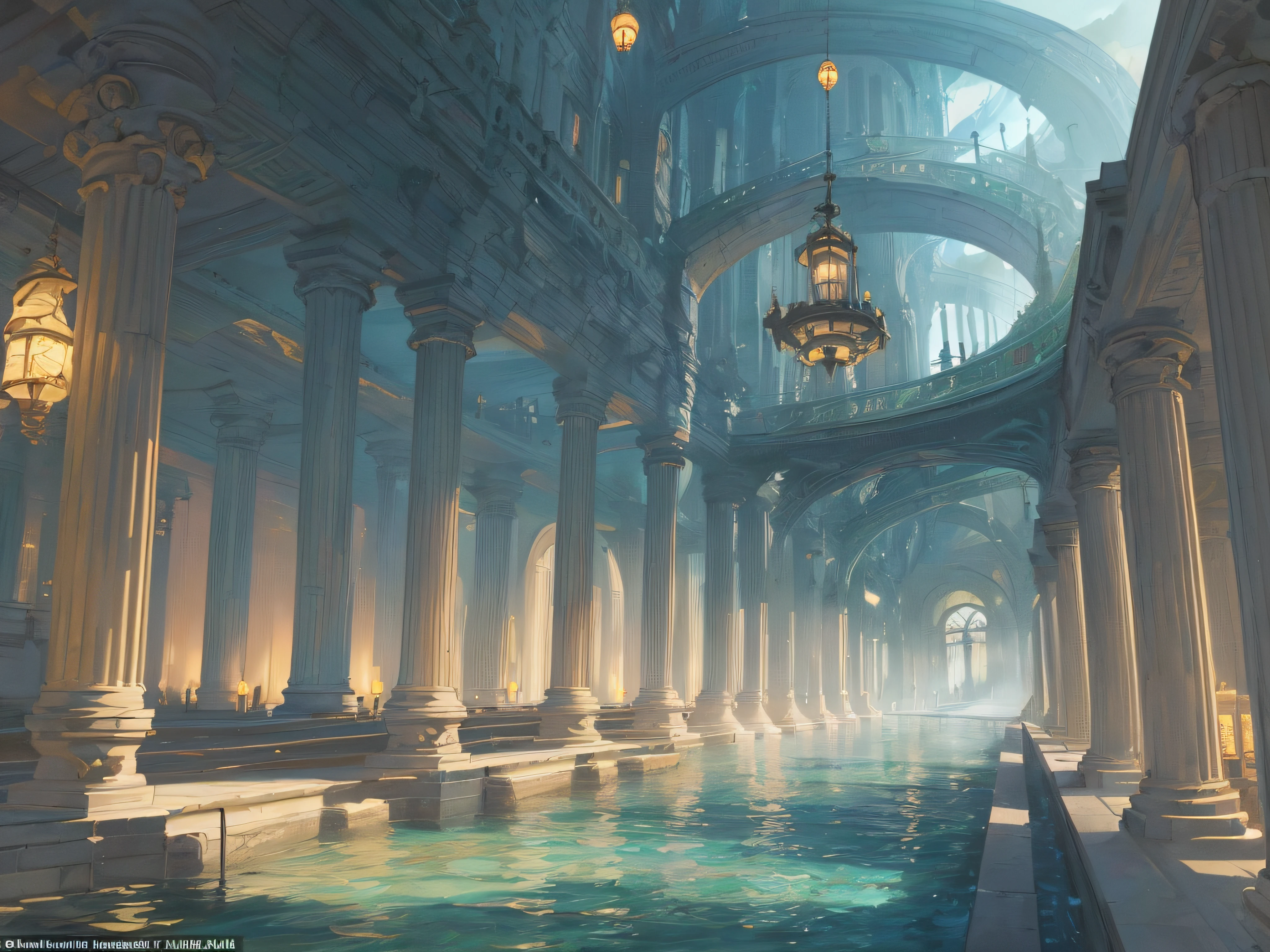 a color (Fantasy: 1.2), (Early 19th century style), (((Spiral tower on columns on the water))), (((Water Spiral Tower))), (Ships), (industrial revolution), Plants, Work, arches, Column, grandeur, Plants, lanterns, Sateen, Floral decorations, Lights, ConceptArt, Artstation contest winner, Fantasy art, by Ross Tran, light shafts, Realistic lighting, tmasterpiece, hiquality, Beautiful graphics, higly detailed, tmasterpiece, hiquality, Beautiful graphics, higly detailed, low key light, gloomy atmosphere, smoke from chimneys, ((darkly)) --v6