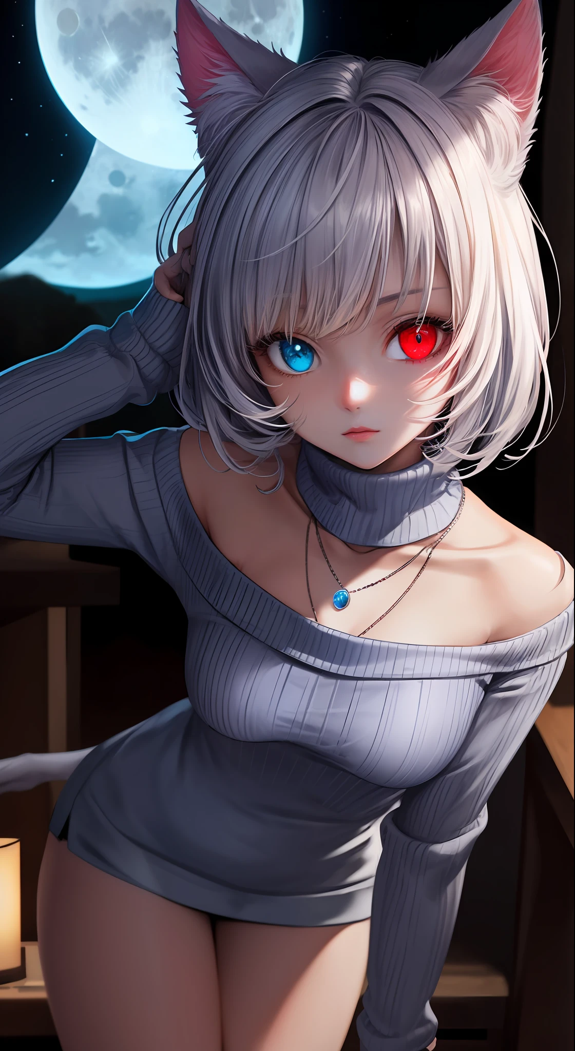 masterpiece, best quality, ultra-detailed, illustration,(1girl),beautiful detailed eyes, looking at viewer, close up, (breast focus), white short hair, shy, cat ears, ((glowing blue necklace)), moon in background, (blue and red eyes), thick lips, ((heterochromia)), small breasts, (turtleneck sweater)