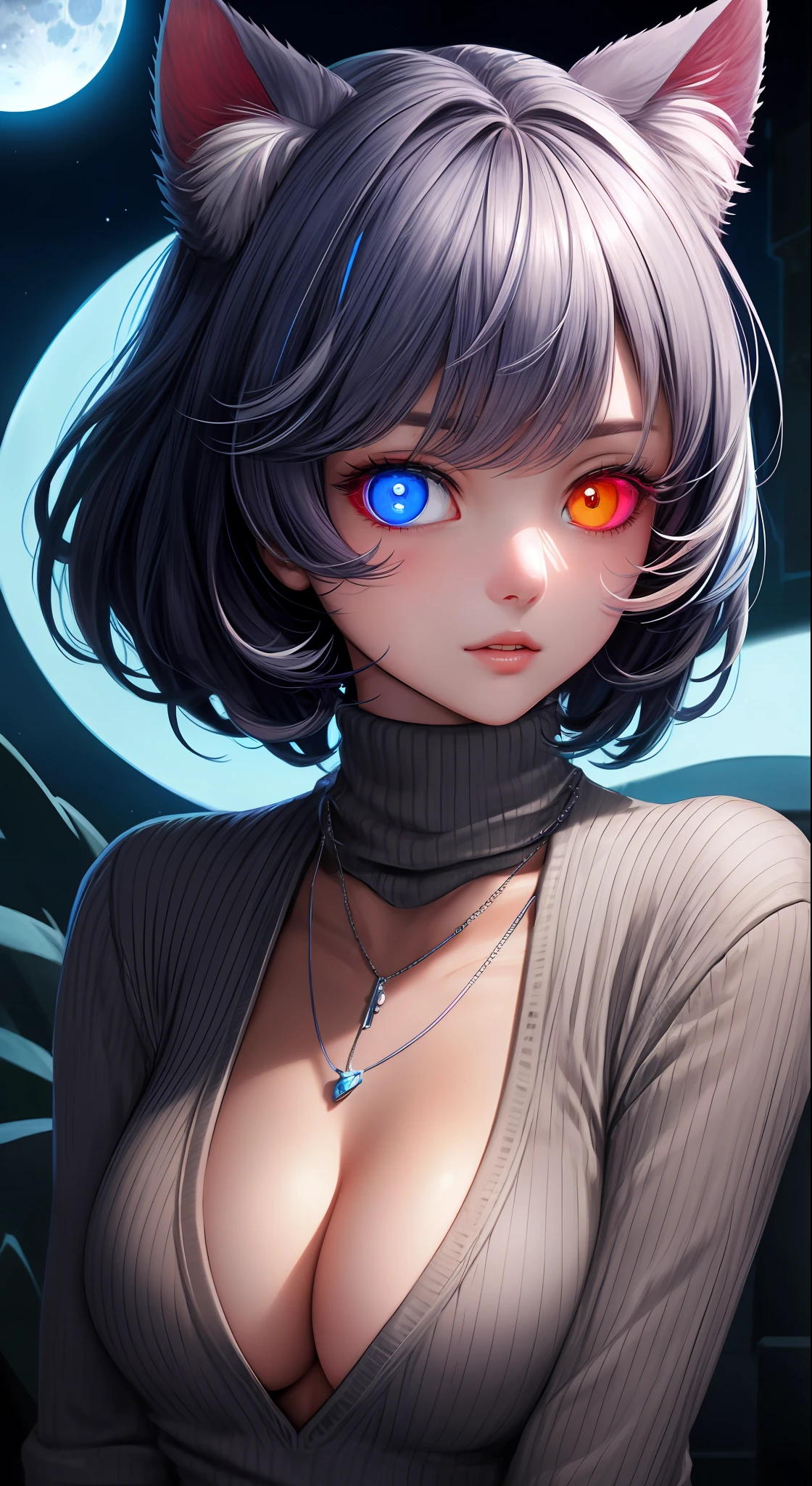masterpiece, best quality, ultra-detailed, illustration,(1girl),beautiful detailed eyes, looking at viewer, close up, (breast focus), white short hair, shy, cat ears, ((glowing blue necklace)), moon in background, (blue and red eyes), thick lips, ((heterochromia)), small breasts, (turtleneck sweater)