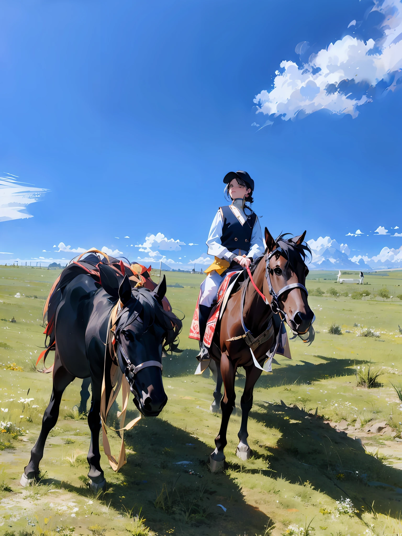 There was a man on a horse,There are saddles on it, Riding a horse, Mongolia, mounted on a horse, horse in background, author:Brigitte Balag, no reins, In the steppe, with horse driven, author:Nancy Karin, green pastures stretch for miles, author:Emma Andievska, taken on iphone 14 pro