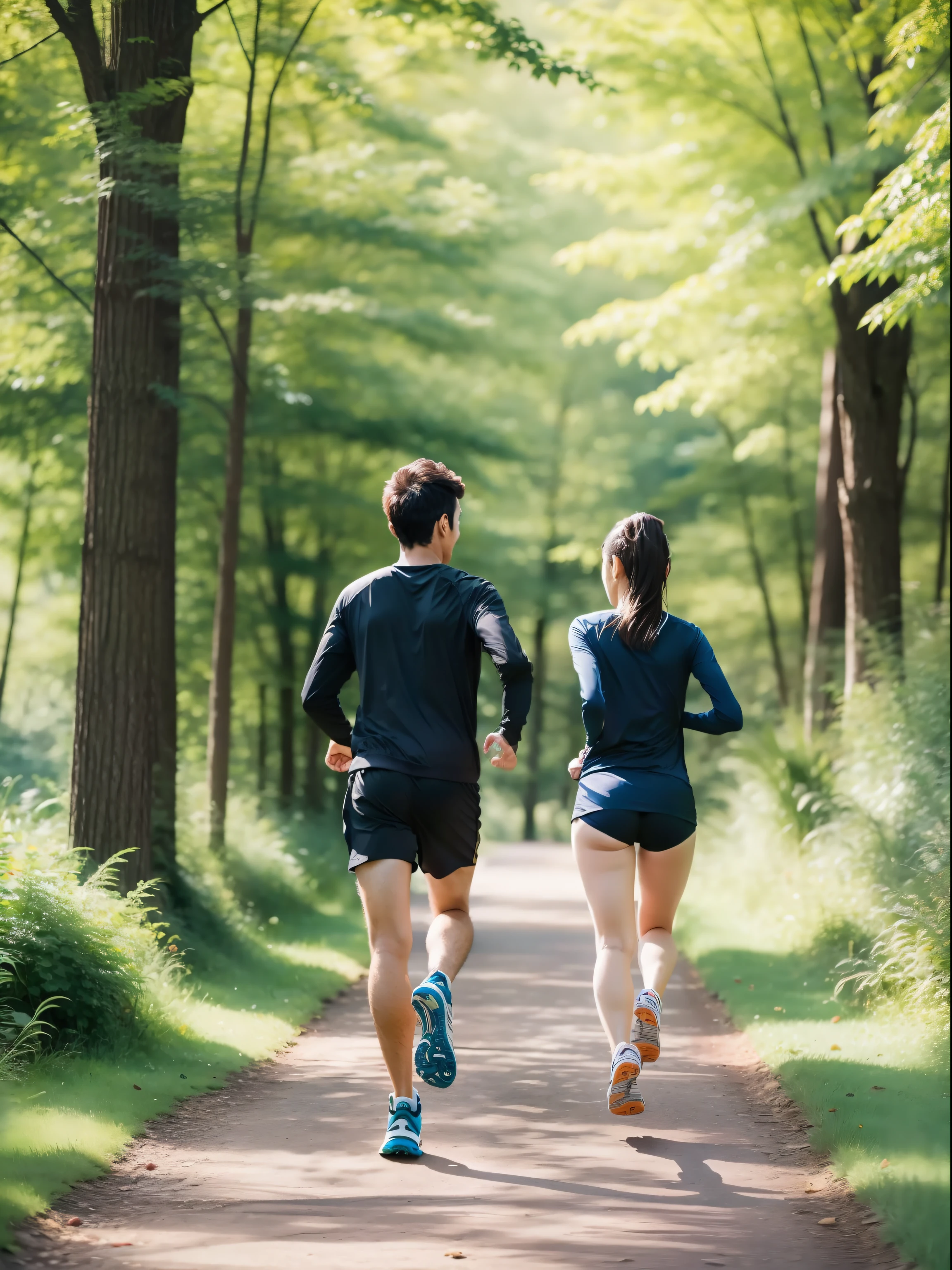 Woman and man jogging in beautiful nature with their backs to the camera