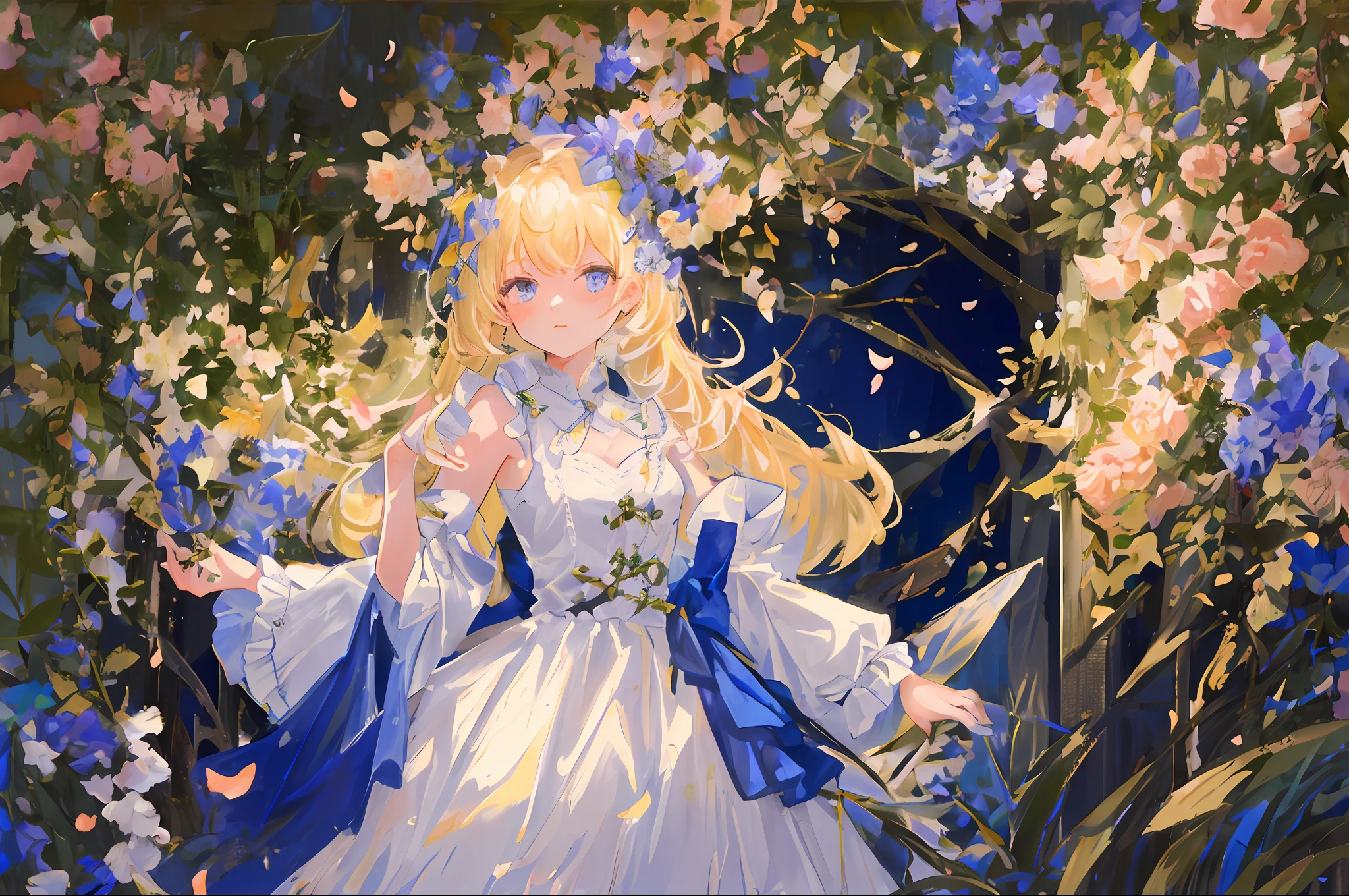 masterpice, (Best quality), ((best detail)), Depth of field, A beautiful girl, Nature, Spirit, Blossom, Colorful scenery, Flowers, butterflys, glowing dress, Older employees, element in
