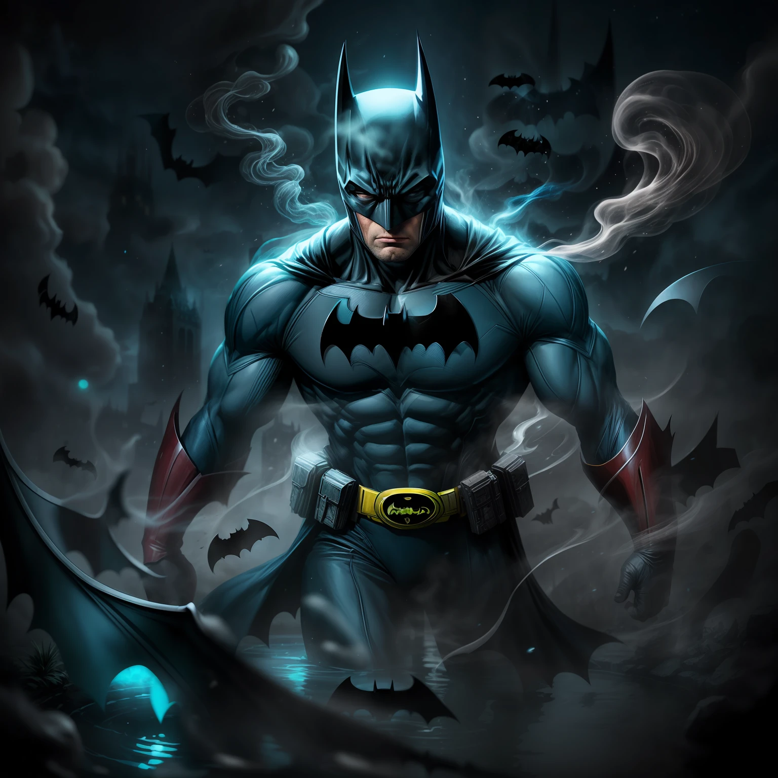 close up, Batman Beyond из DC Comics, Ghost, Dark, gotik, 3d, Ultra Detailed, blue transparent smoke around, realistic style, Old Night Pond, full - body,