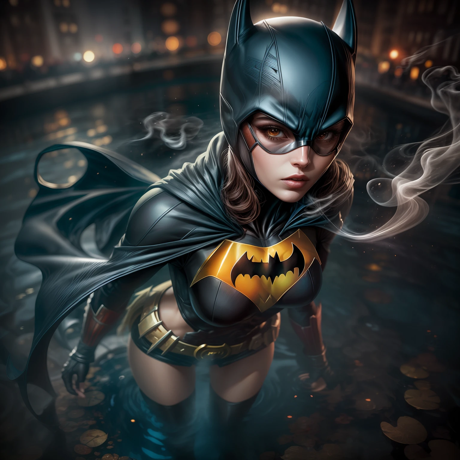 close up, Batgirl из DC Comics, Ghost, Dark, gotik, 3d, Ultra Detailed, blue transparent smoke around, realistic style, Old Night Pond, full - body,