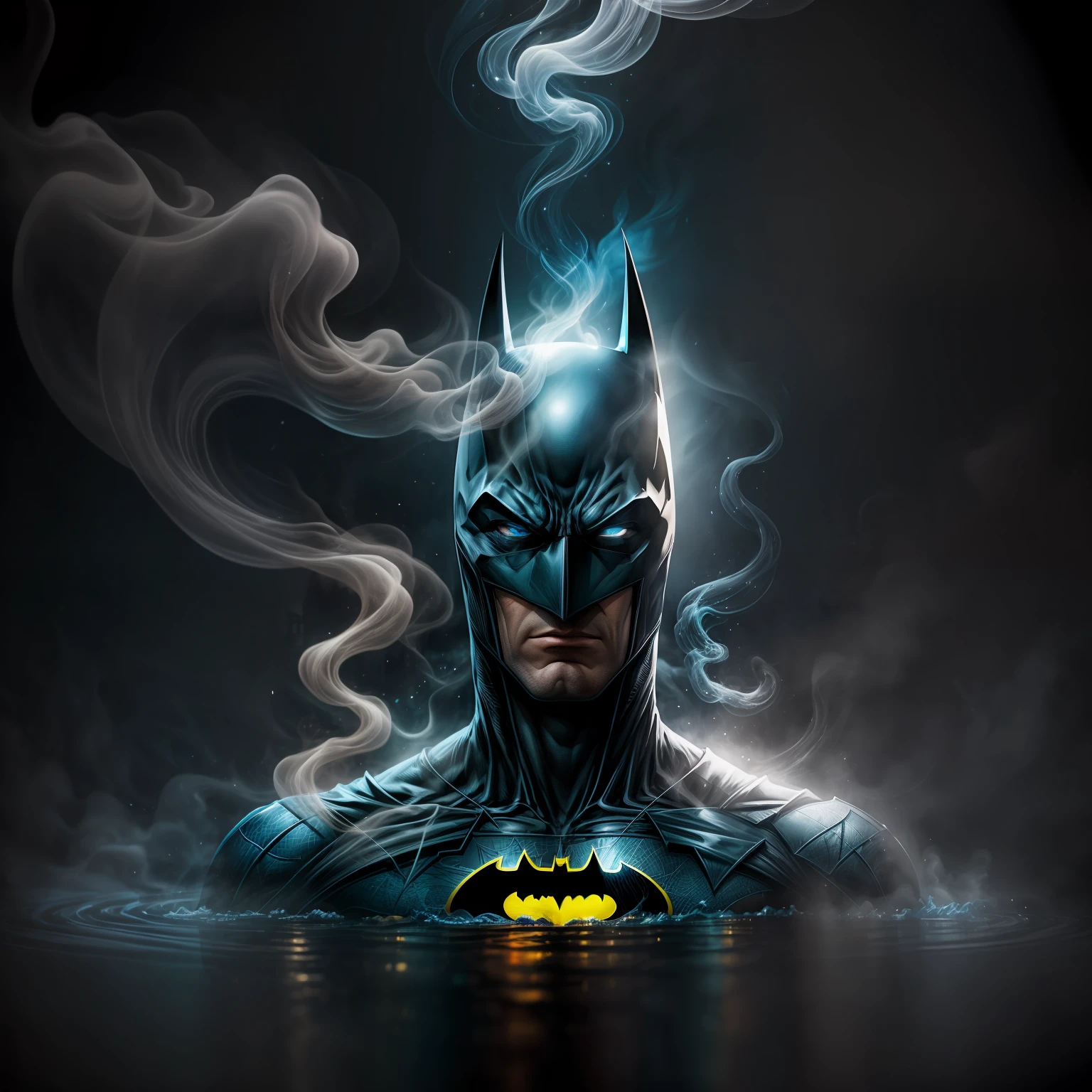 close up, Batman из DC Comics, Ghost, Dark, gotik, 3d, Ultra Detailed, blue transparent smoke around, realistic style, Old Night Pond, full - body,