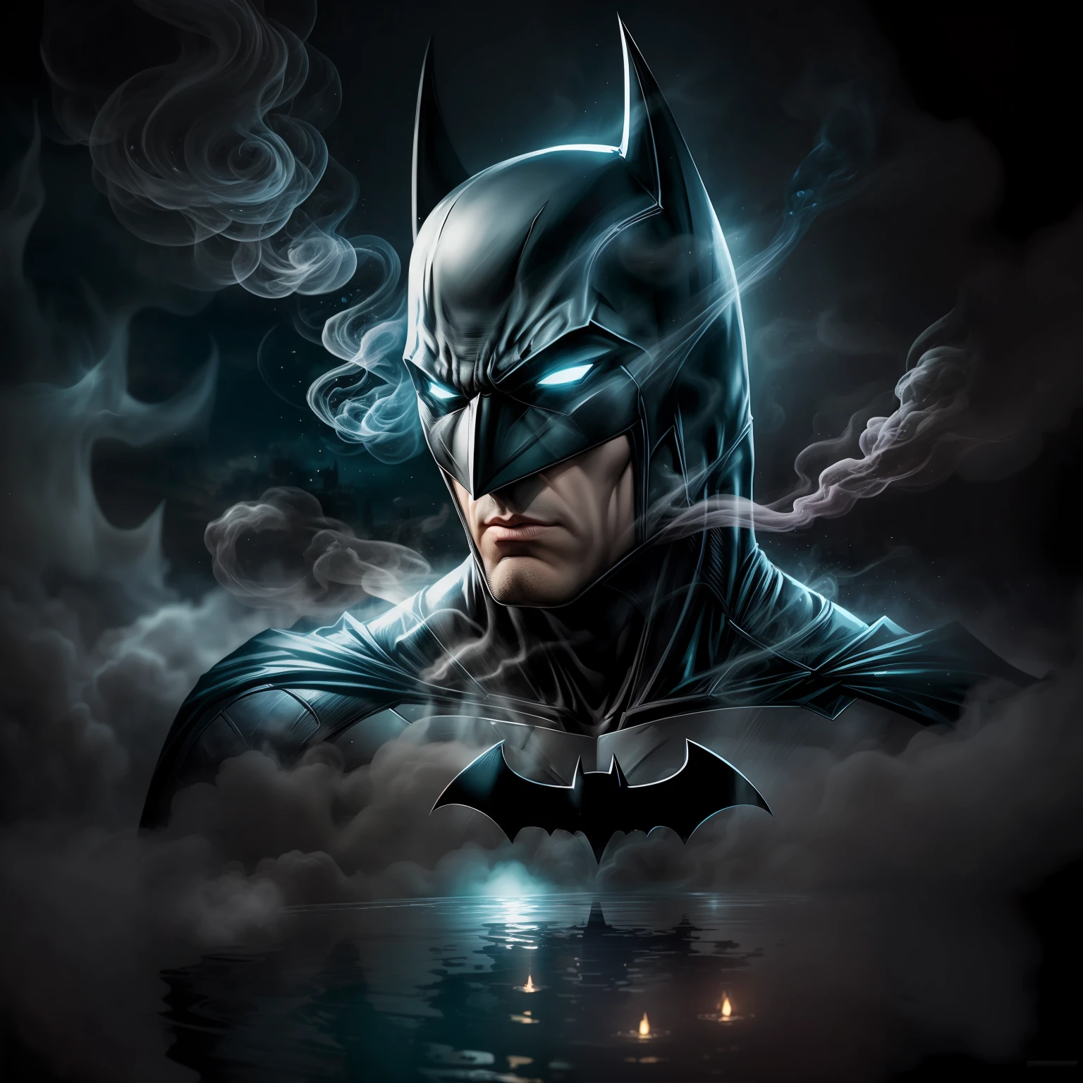 close up, Batman из DC Comics, Ghost, Dark, gotik, 3d, Ultra Detailed, blue transparent smoke around, realistic style, Old Night Pond, full - body,