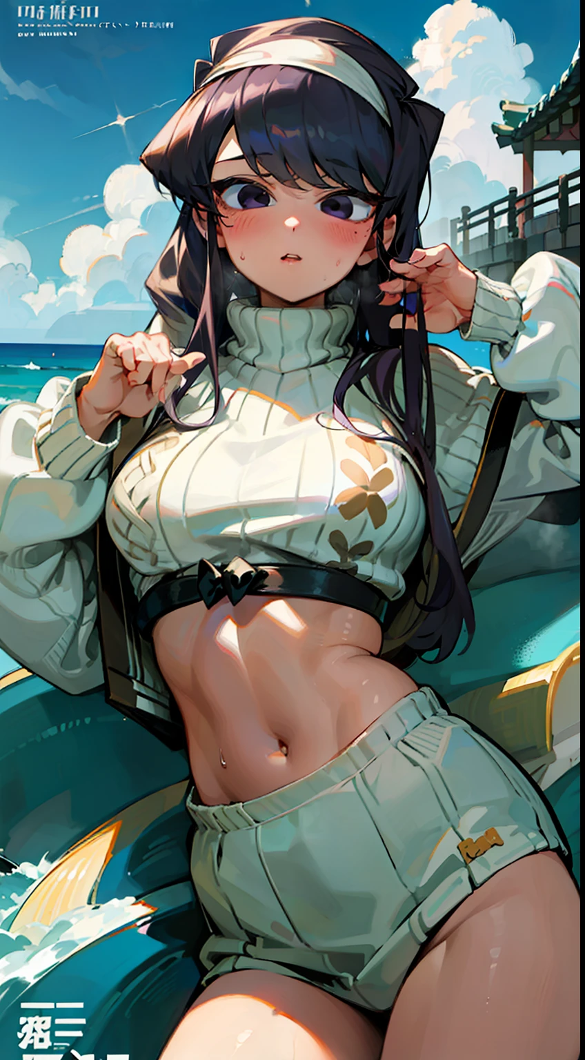 komi shouko,sweatshirts,Sweat,White headband,Reveal a fleshy belly,Feminine abs,Fleshy thighs，White convertible sweater，Simetall，Chest open，Full muscles，Tall，Ocean park，Simetall，Comic cover style，Comic cover title,China-style