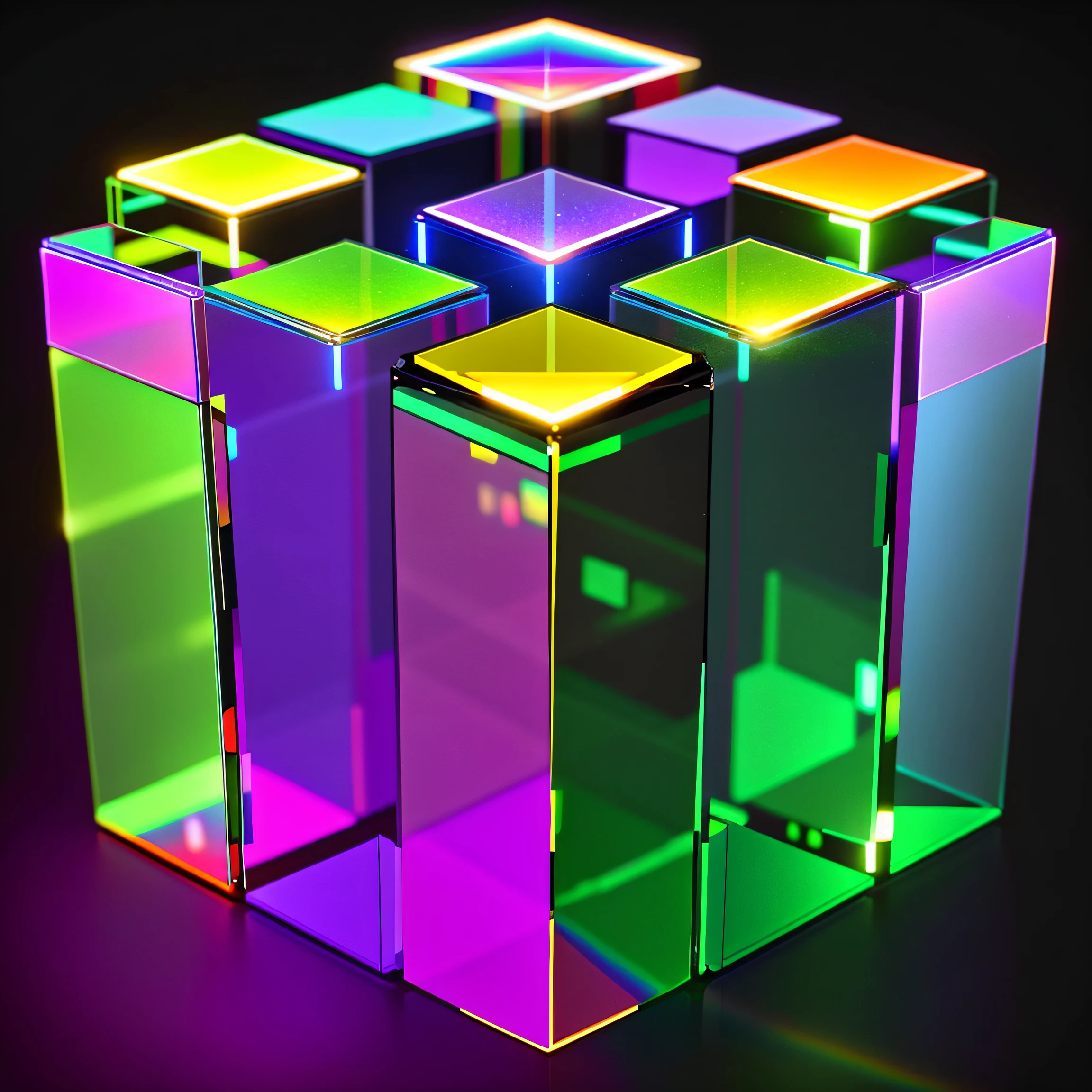Close up of transparent cube on black background, made entirely from gradients, symetry!!Correct the shape of the left and right!! Add perspective effects,Perspective light cube,Add English characters between the two"Space Art 2020", Volumetriclighting, digital art - w 640, colorful redshift render, Compute shaders, iridescent cybernetic processor, Rich rainbow mirror colors, futuristic but colorful shading, Hologram effect