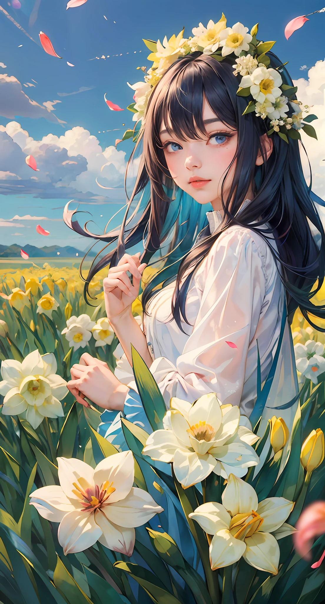 ((masterpiece,best quality)),(1girl, solo:1.4),beautiful detailed eyes, vivid, cloudy sky, flower, anemone \(flower\), daffodil, hyacinth,falling petals,