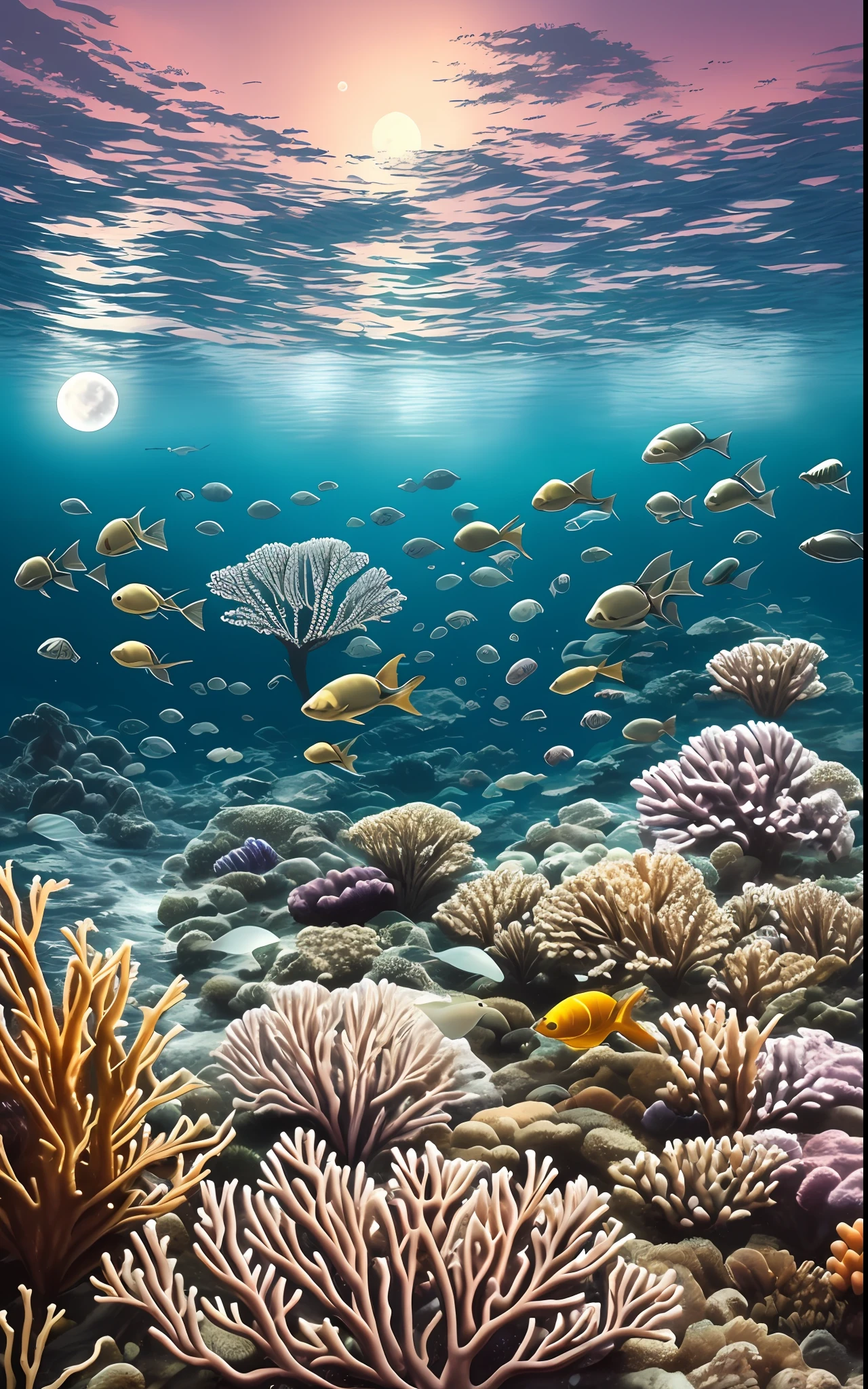 The moon as seen from the bottom of the sea, the night, Eau, nightlight, Fish shadow,Undersea marine life,Beautiful coral reef,The fish,fish flocks