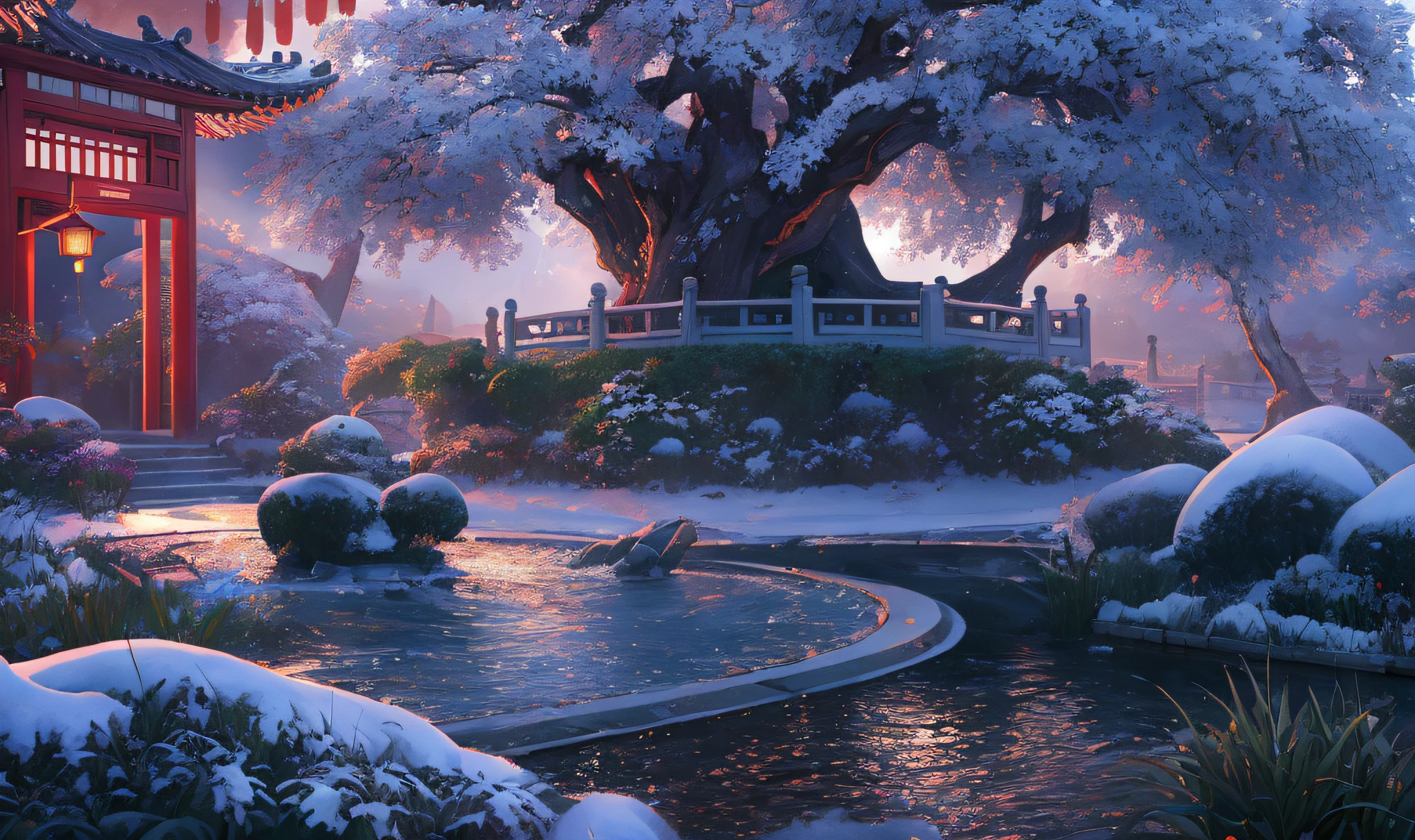 Masterpiece, best quality, high quality, extremely detailed CG unity 8k wallpaper, classical Chinese garden, landscape, amsterdam, winter, ((snowing)), outdoor, sky, daytime, landscape, water, tree, blue sky, waterfall , nature, lake, river, cloudy sky, award winning photography, bokeh, depth of field, HDR, bloom, chromatic aberration, photorealism, very detailed, trending on artstation, trending on CGsociety, intricate, high detail, dramatic, midjourney art
